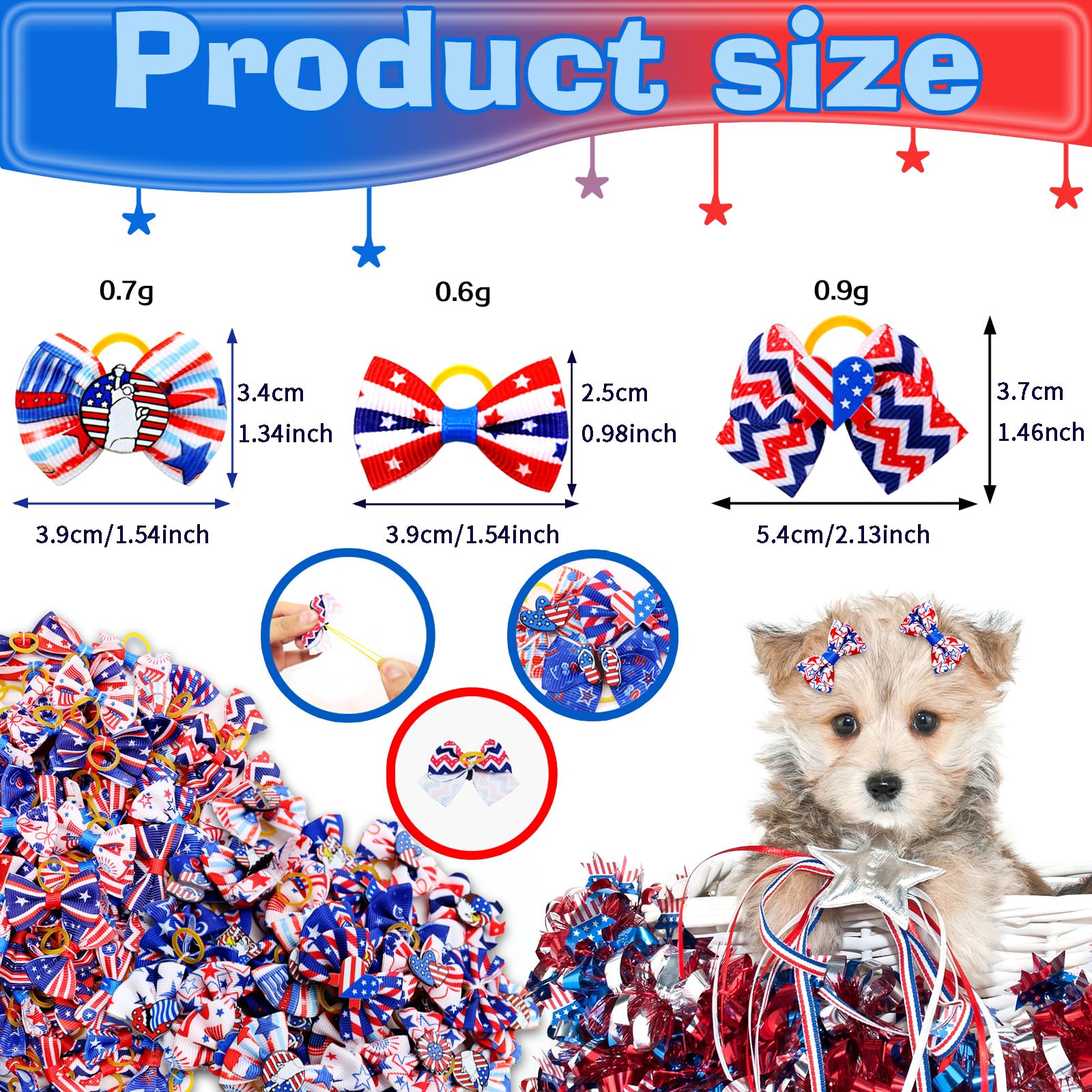 100Pcs/50Pairs Independence Day Dog Bows, Bulk 4th of July Dog Bows with Rubber Bands, Holiday American Flag Pattern Patriotic Small Dog Hair Bows, Dog Grooming Bows for Cute Pet Dog Hair Accessories