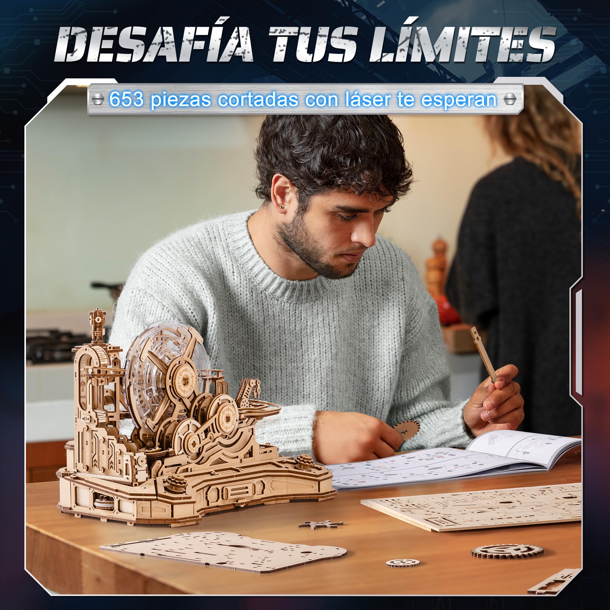 ROBOTIME Gear Ball Challenge EGC01 Puzzle 3D de Madera, Laberinto mecánico de Bola de 653 Piezas con diseño de Mando, Kit DIY para Adultos y Adolescentes 14+