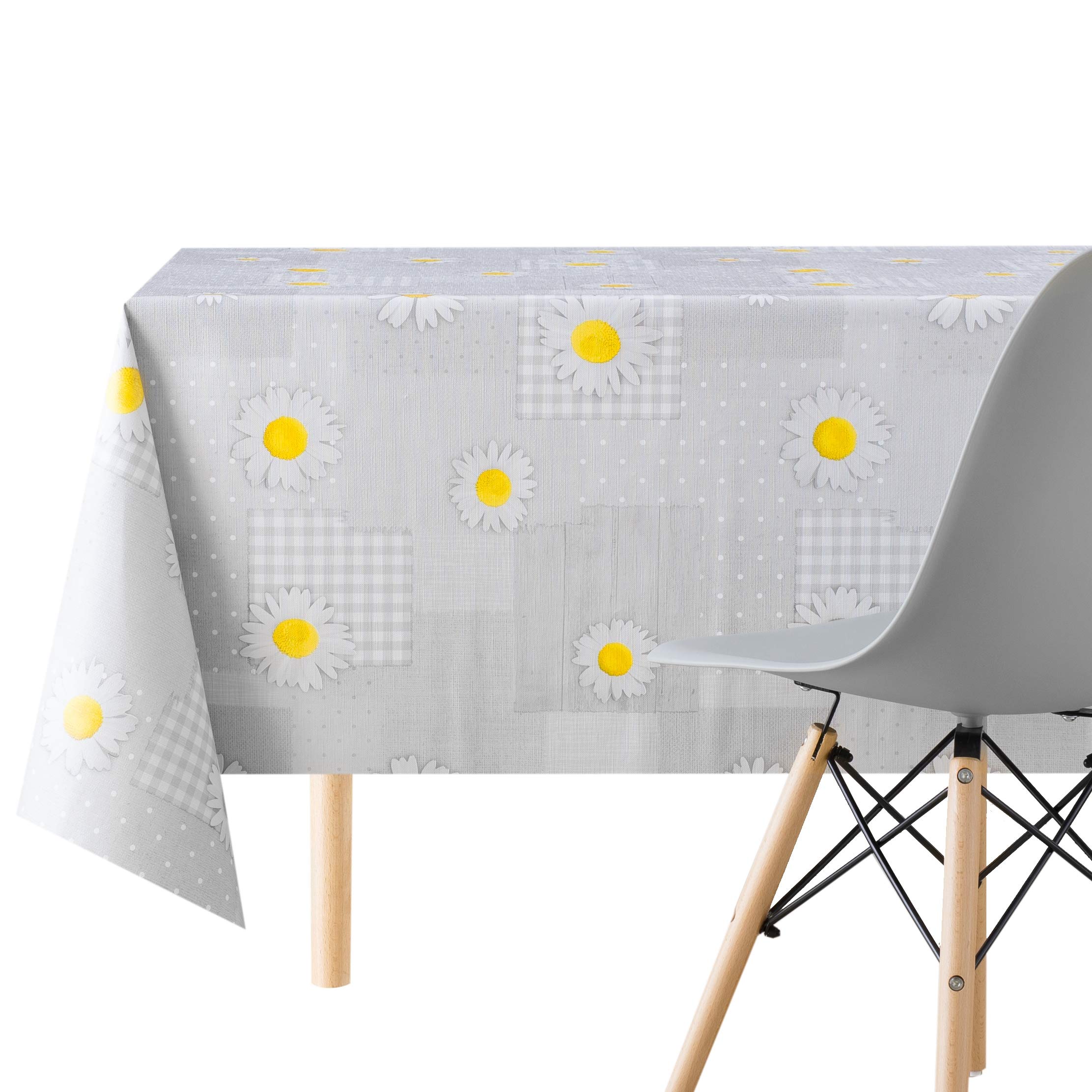 KP HOME PVC Wipe Clean Table Cloth Square 140x140cm | 78x55in - Wipeable Tablecloth to 4 Seats - Waterproof Vinyl Oilcloth Plastic Table Cover in Grey in Daisy Chamomile Flower Patchwork Print