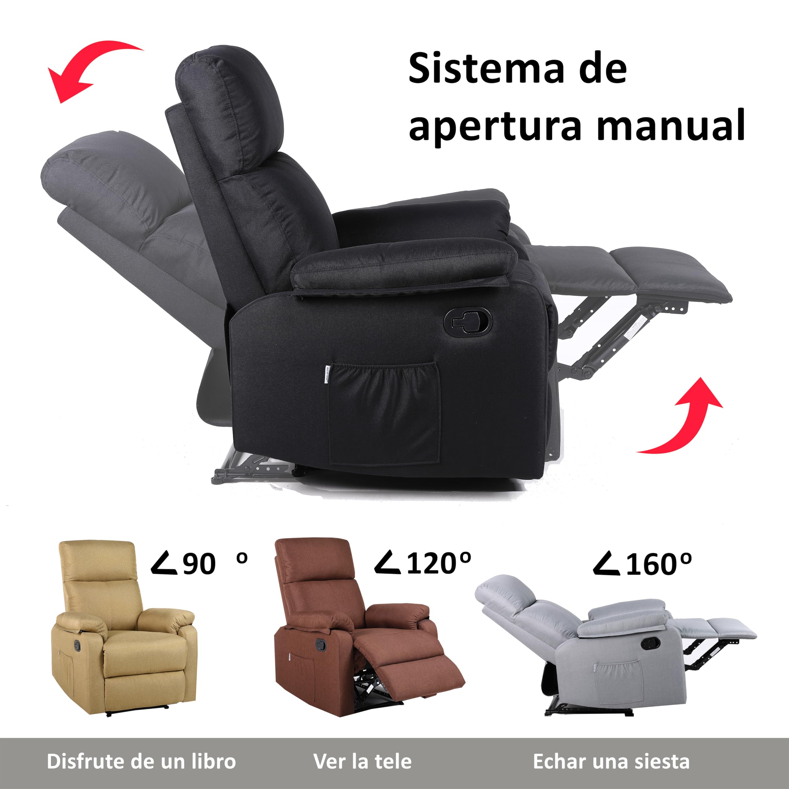 ECODE® Sillón Reclinable Manual de Tela con Calor Lumbar, Reposabrazos Lavables y USB de Carga – Comodidad para Personas Mayores en Salones o Espacios Reducidos