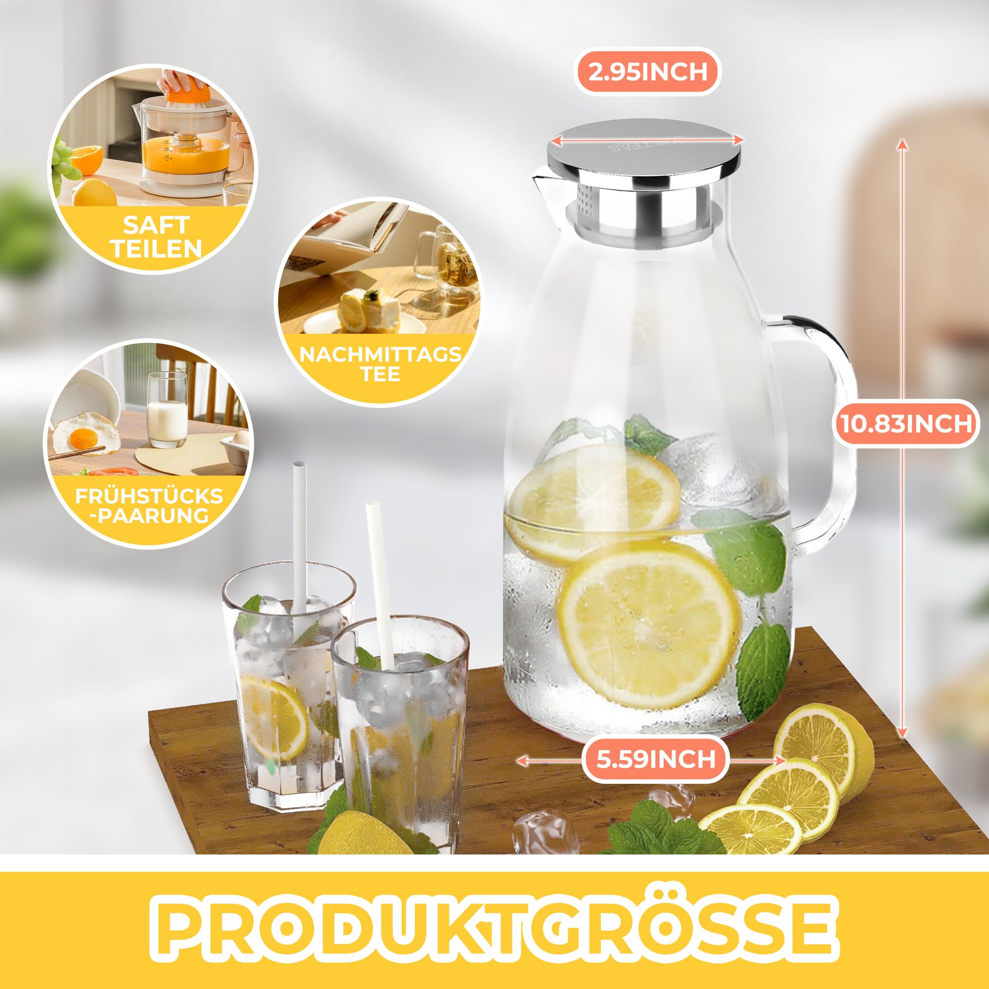 SUSTEAS 3.0 Liter 101 Unzen Wasserkaraffe, Glaskaraffe mit Deckel aus Borosilikatglas, Mundgeblasene Glaskaraffe, Wasserkrug, Glaskrug Benutzt für Eistee Heißes Kaltes Wasser Milch Kaffee Wein