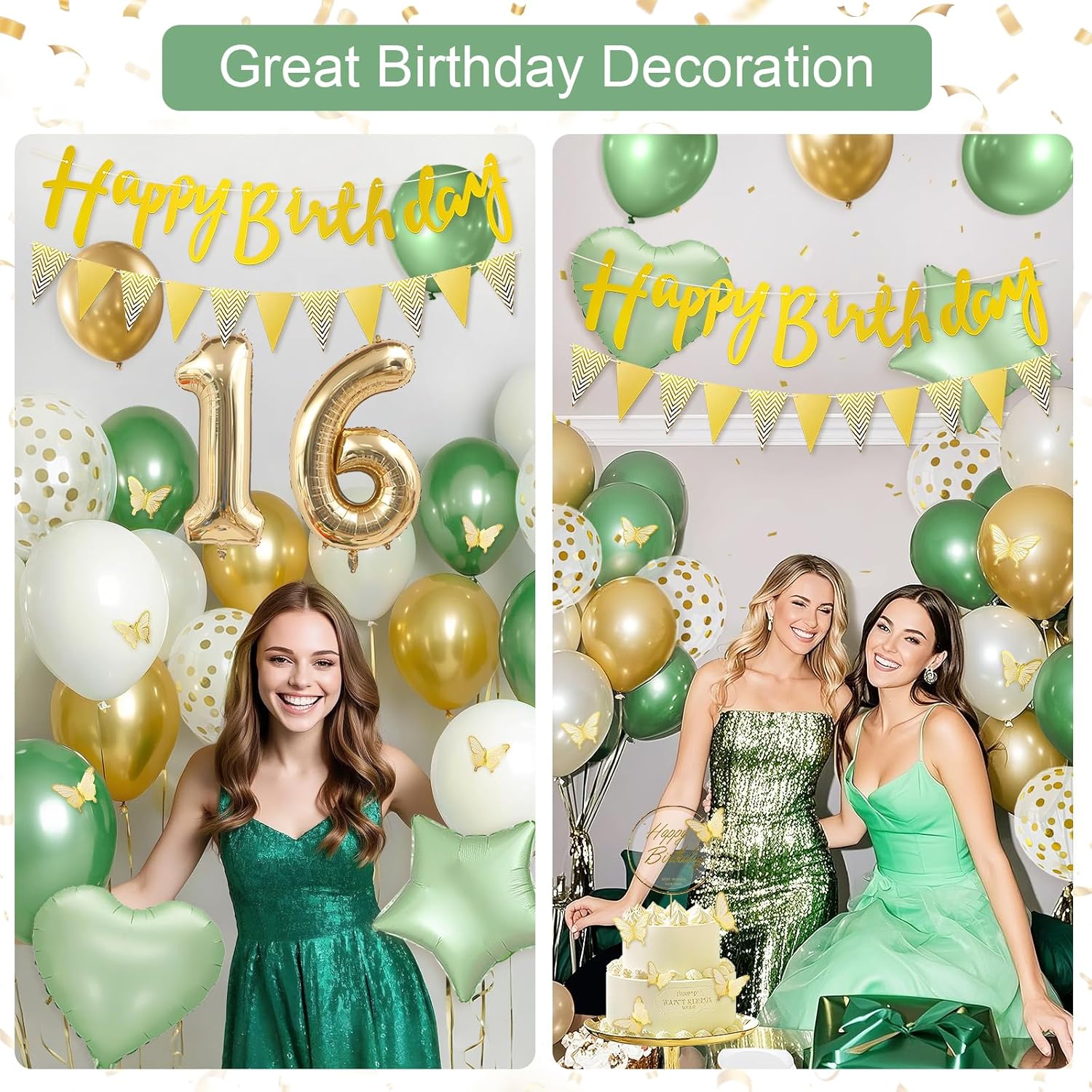 22nd Sage Green Birthday Decorations, Boho Green White Gold Balloons Decorations for Girls, Happy 22 Birthday Party Supplies with Happy Birthday banner, Number Foil Balloon, Butterfly Cake Topper - Image 5