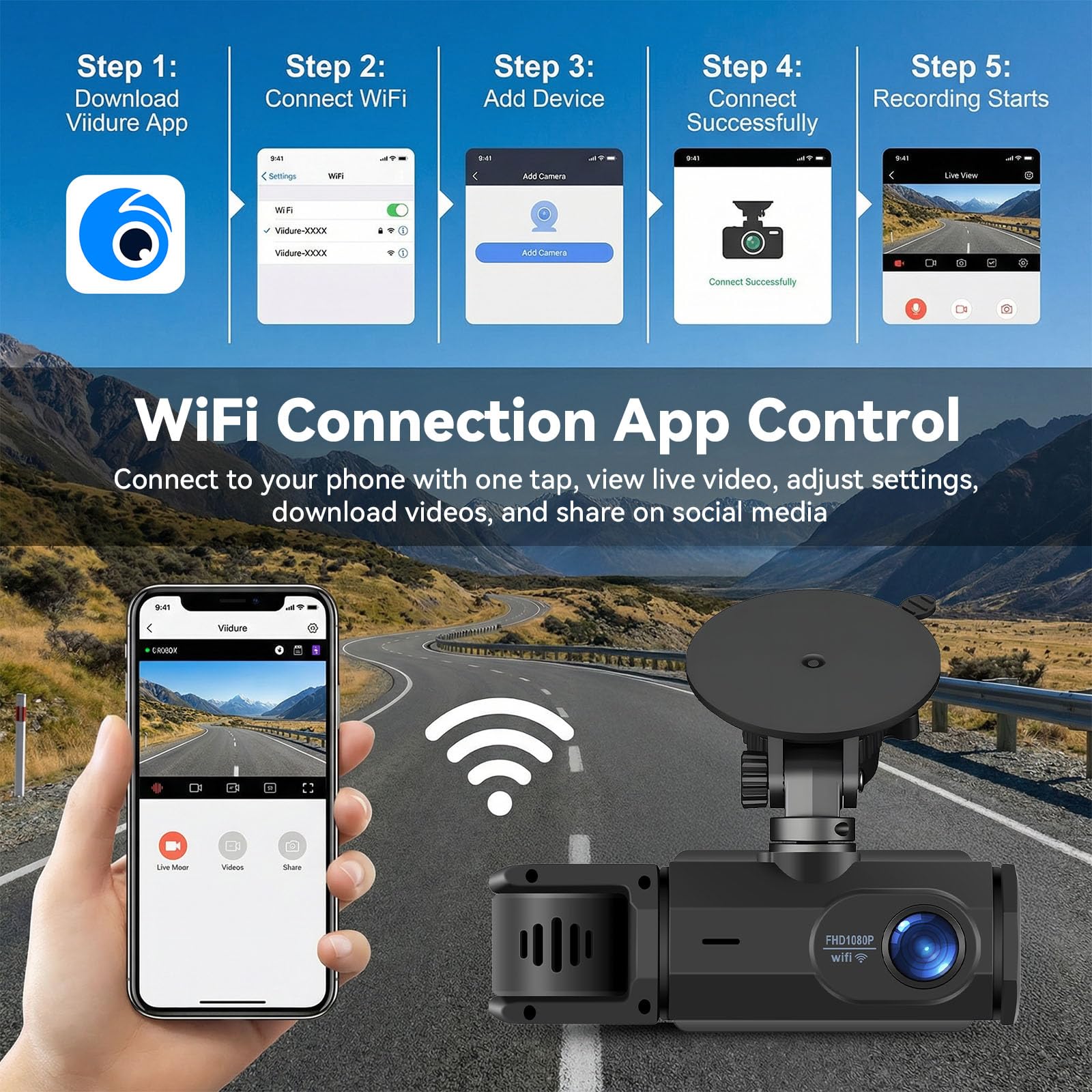 SIXTOP Dash Cam avec Caméra de Recul 1080P Full HD - Caméra de voiture avec WiFi et Application, Vision Nocturne, Mode Stationnement et Grand Angle 150° - Incl. Détection de Mouvement et Enregistremen
