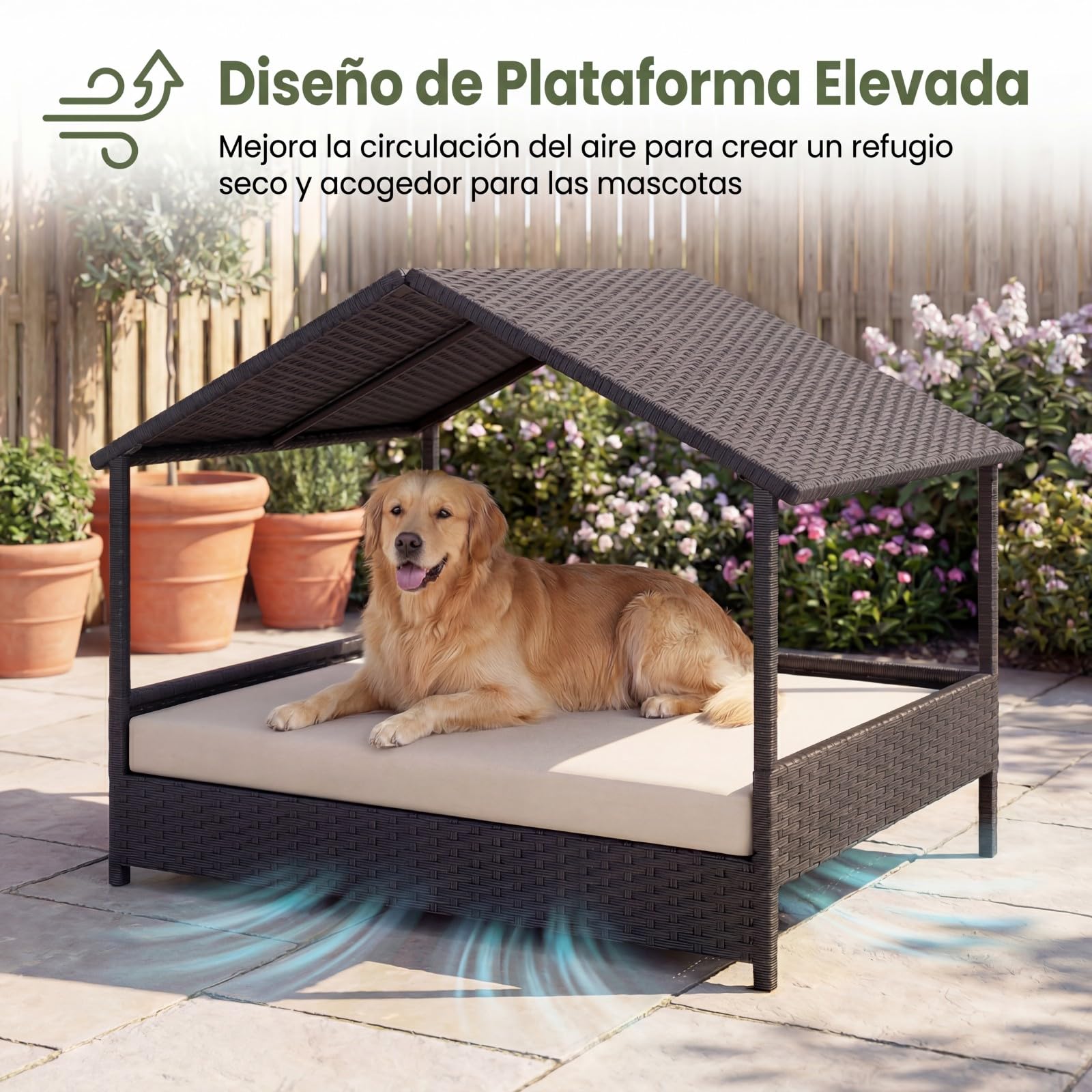 GYMAX Cama para Perro con Cojín, Caseta para Perro Exterior de Ratán PE con Techo Inclinado y Base Elevada, Ventilada e Impermeable, para Exterior e Interior, 98 x 68 x 74 CM (Beige)