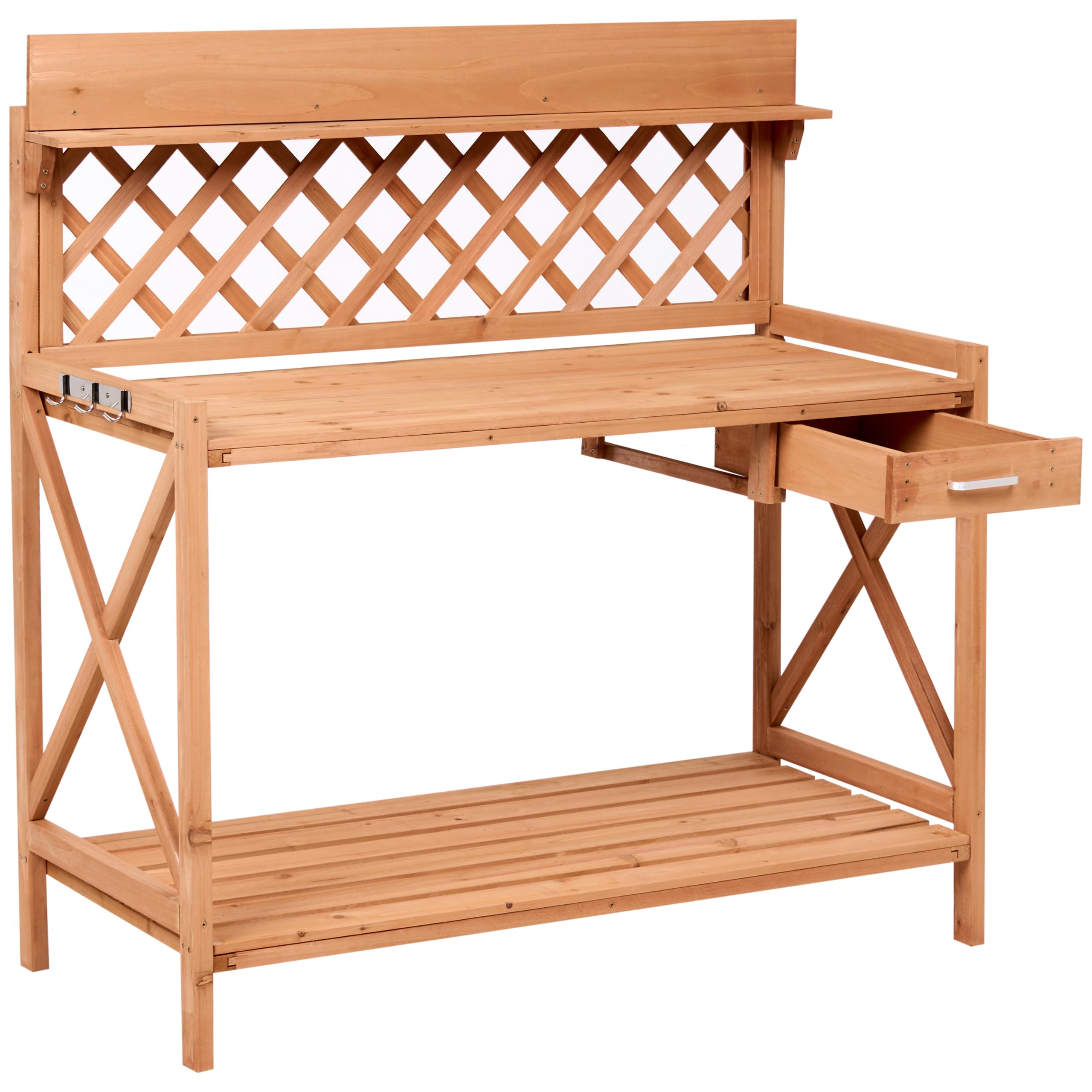 Table de Rempotage Style Rustique avec Tiroir et Crochets en Acier Rangement de Jardin Bois de Sapin Marron Clair Sperlinga