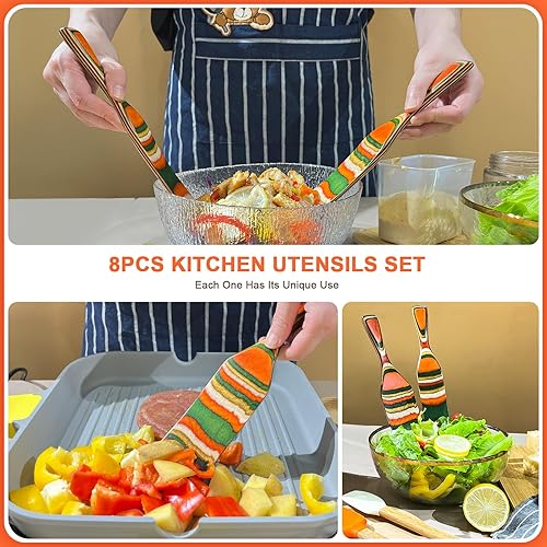 Miniatura 5 de Spurtles - Herramientas de cocina, juego de utensilios de cocina de silicona, juego de utensilios de cocina de madera de Pakkawood, juego de