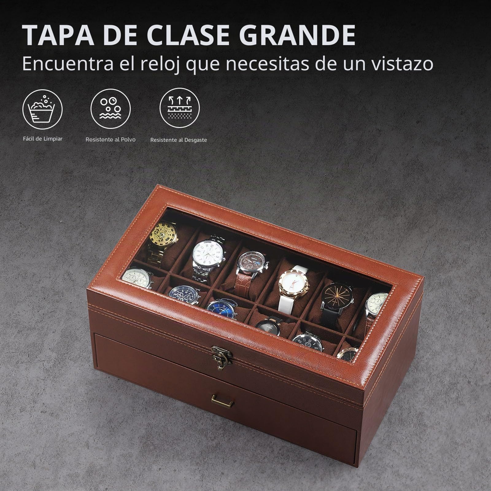 AUTOARK Caja organizadora de piel y terciopelo con 24 compartimentos para relojes, joyero con tapa de vidrio, cajón con cerradura, cojines extraíbles para relojes, color café, MKAW033