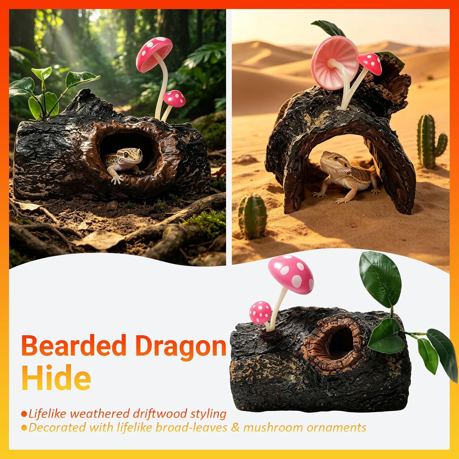 Bearded Dragon Tank Accessories, Bearded Dragon Hide Cave with Basking Platform, Simulated Rock Tree Stump Terrarium Decoration, Suitable for Lizards, Snakes and Turtles image 3