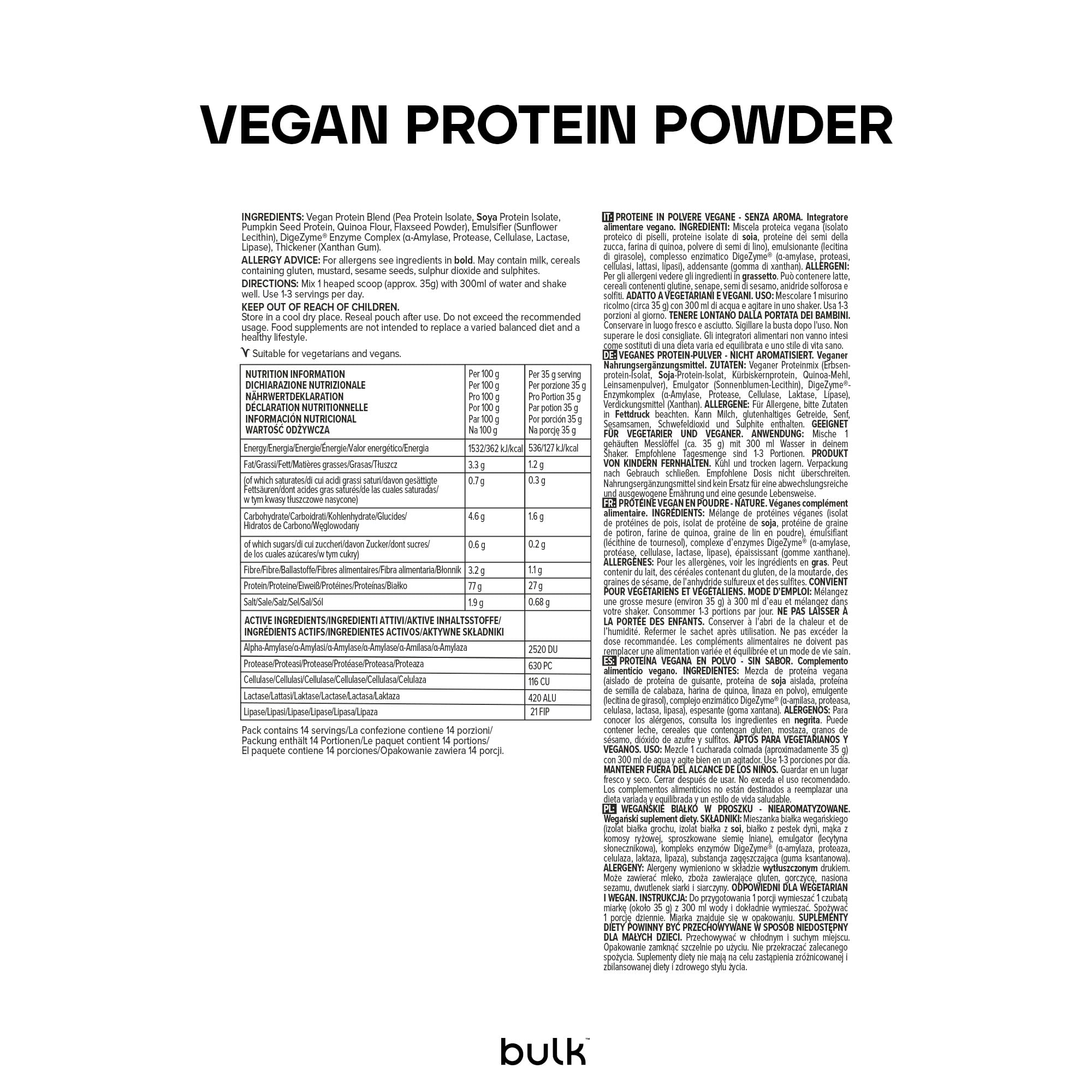 Bulk Proteine Vegane in Polvere, Frullato Proteico Vegetale, Senza Gusto, 2.5 kg, Formula Nuova e Migliorata, 71 Porzioni, La Confezione Può Variare
