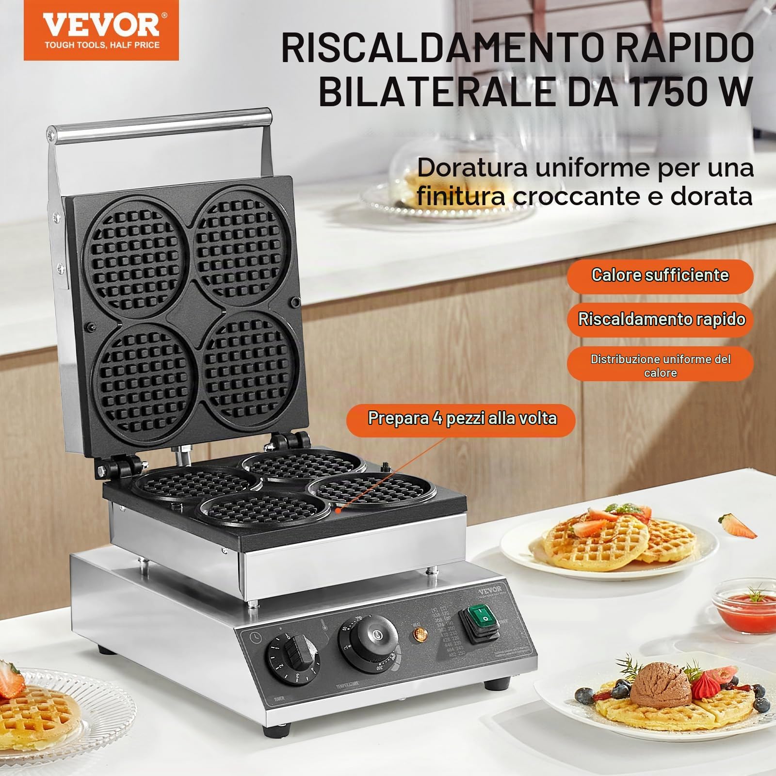 VEVOR Macchina per Waffle Belga Rotonda Commerciale, 4 Pezzi per Waffle, Piastra per Waffle in Acciaio Inox Antiaderente 1750 W con Controllo Temperatura Tempo, per Ristoranti Panetterie Snack Bar