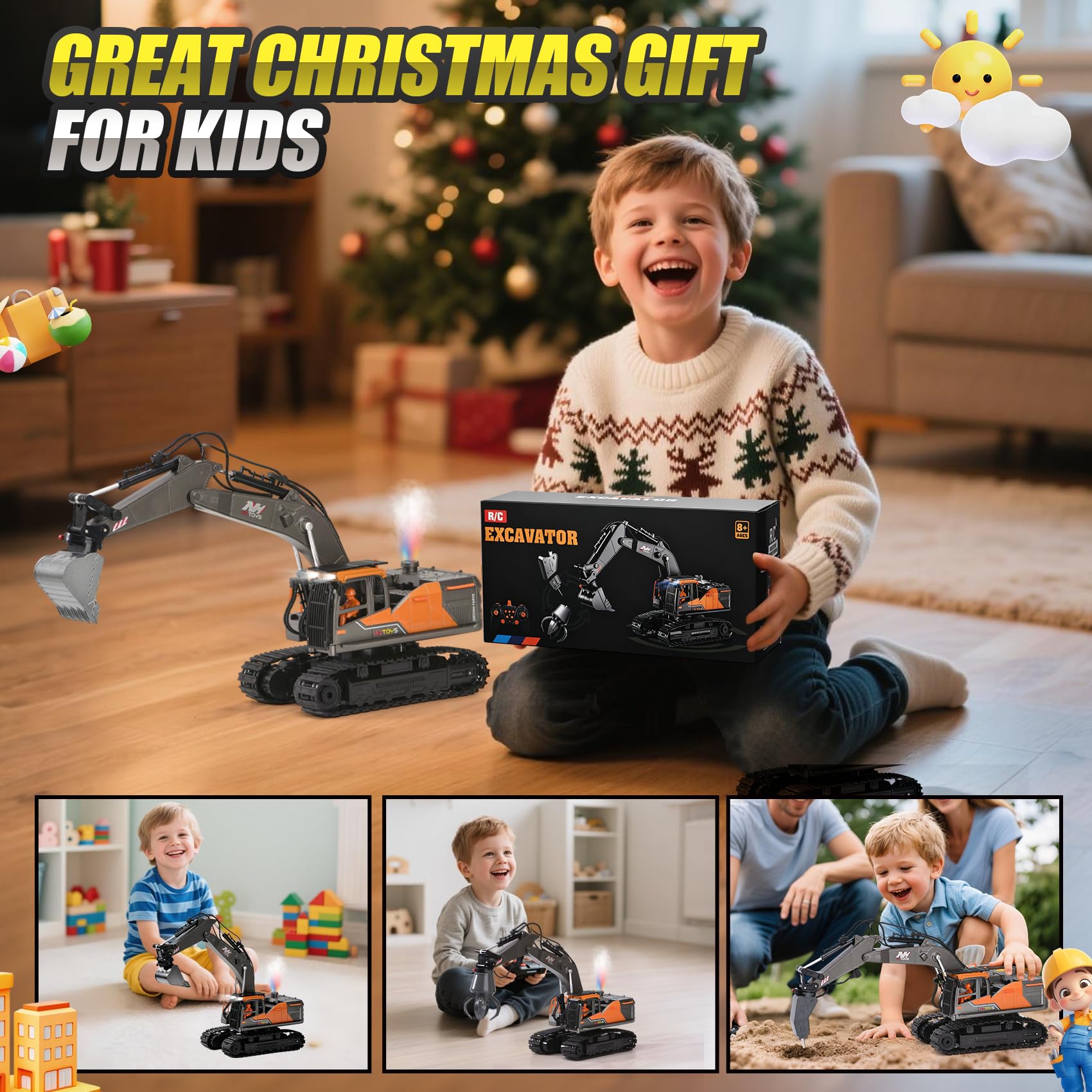 3-in-1 Ferngesteuerter RC Bagger mit Metallener Schaufel Greifer Bohrer, 2.4GHz 14 Kanäle | 680° Rotation | LED Licht | Wasser-Dampf-Effekt, RC Bagger Spielzeug Geschenk für Jungen 3-12 Jahre