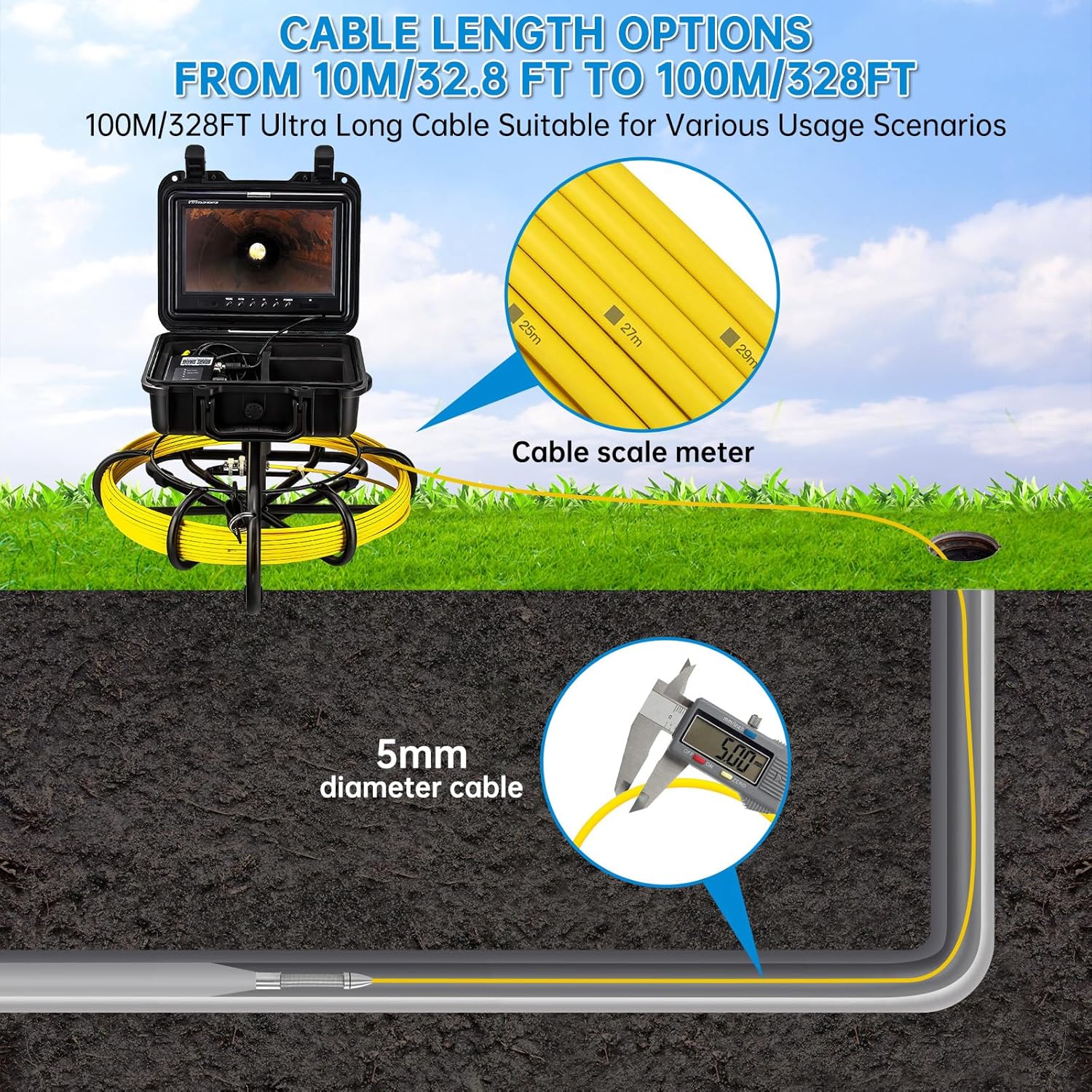 150 FT Sewer Camera,W/ 9'' HD 16GB DVR Screen,Big Spool(Easier to Push Cable),Distance Counter, JQKJCAM 17MM Drain Snake Sewer Inspection Camera with Light for Pipes (50M/165FT)