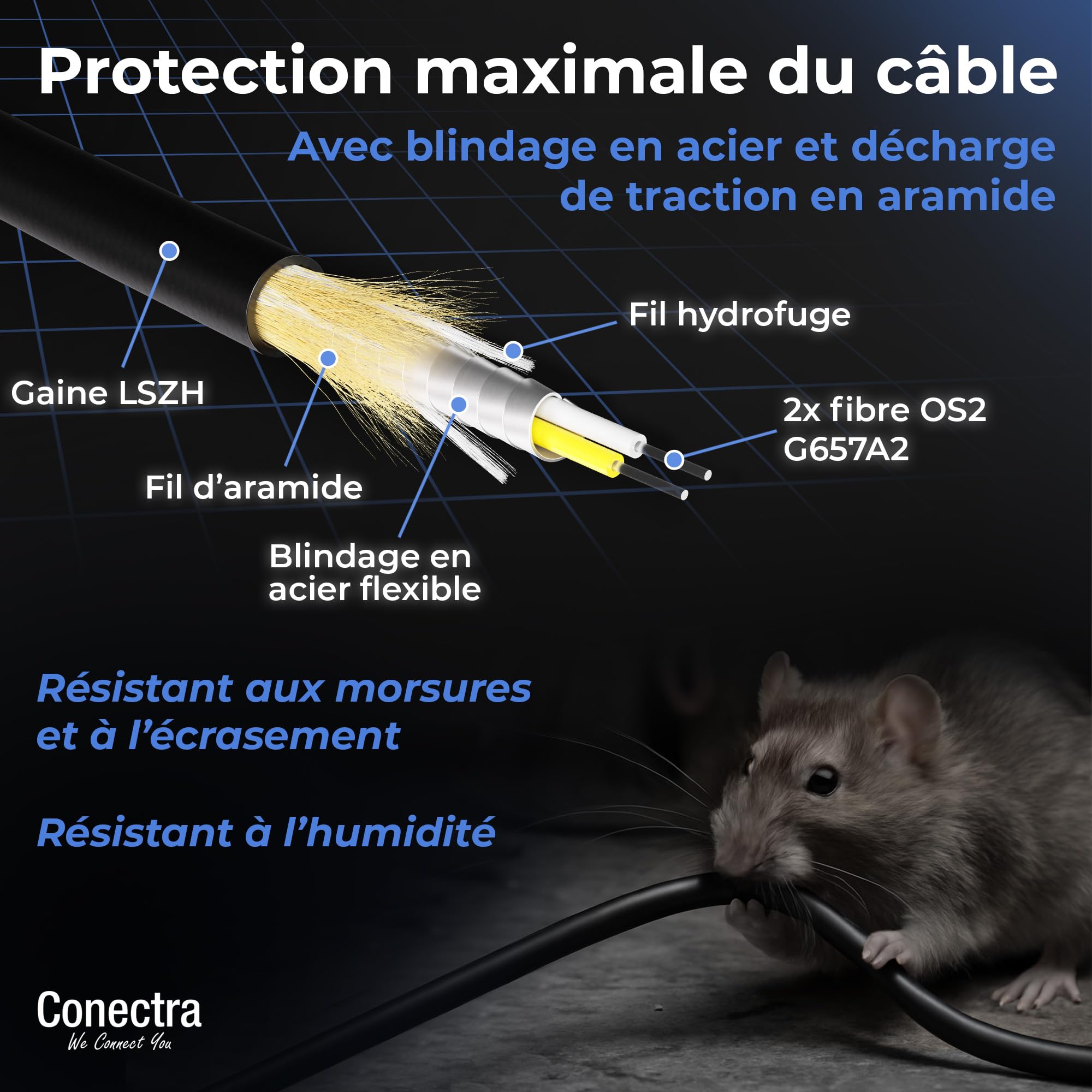 300m Câble Fibre Optique Blindé OS2 Duplex Breakout LC/UPC, Jarretière Optique Monomode G657A2 9/125, LSZH Intérieur/Extérieur, Rallonge Fibre Armée Cordon Patch Câblage Réseau ⌀3mm Noire