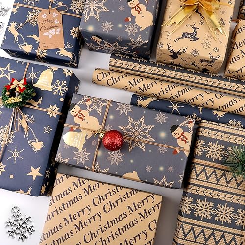 Miniatura 2 de Hojas de papel de regalo de Navidad, papel kraft reciclado azul marino y marrón con etiquetas adhesivas, 6 hojas de papel de regalo de Navidad para