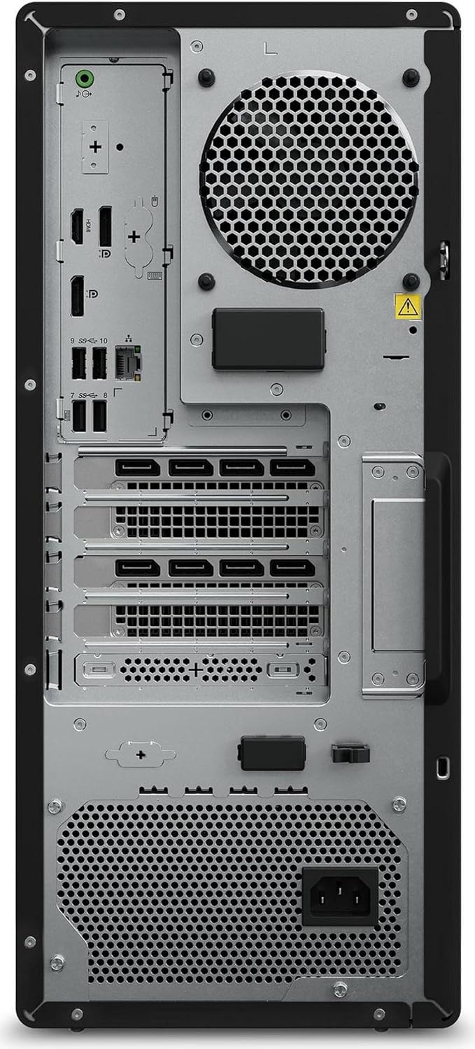 Bag view af Lenovo ThinkStation P3 Tower Workstation, der viser forskellige porte