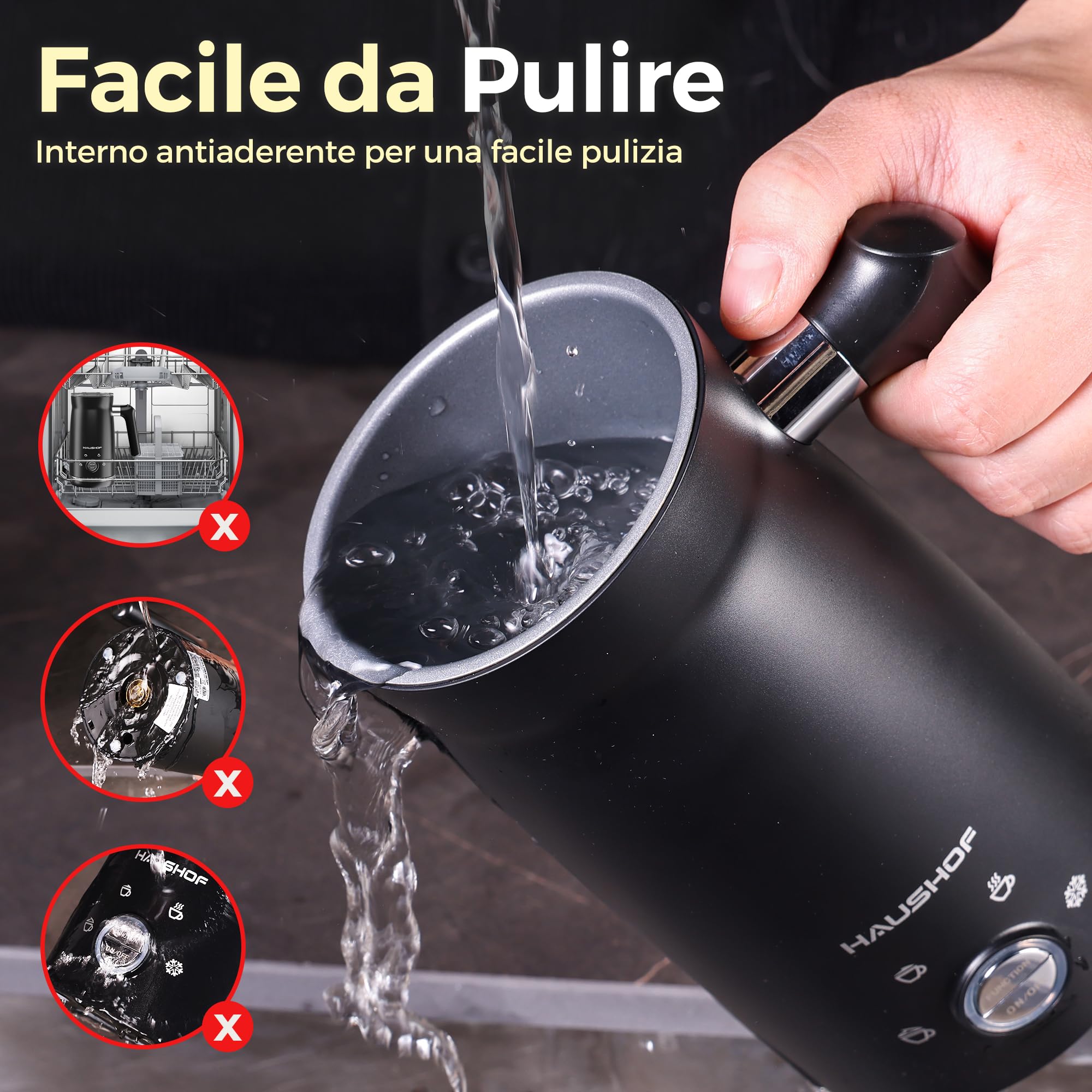 HAUSHOF Montalatte Elettrico 4 in 1 con Doppio Interruttore, Macchina per Cappucino, Scaldalatte, Schiuma Latte, Capacità Massima 300 ml, Nero