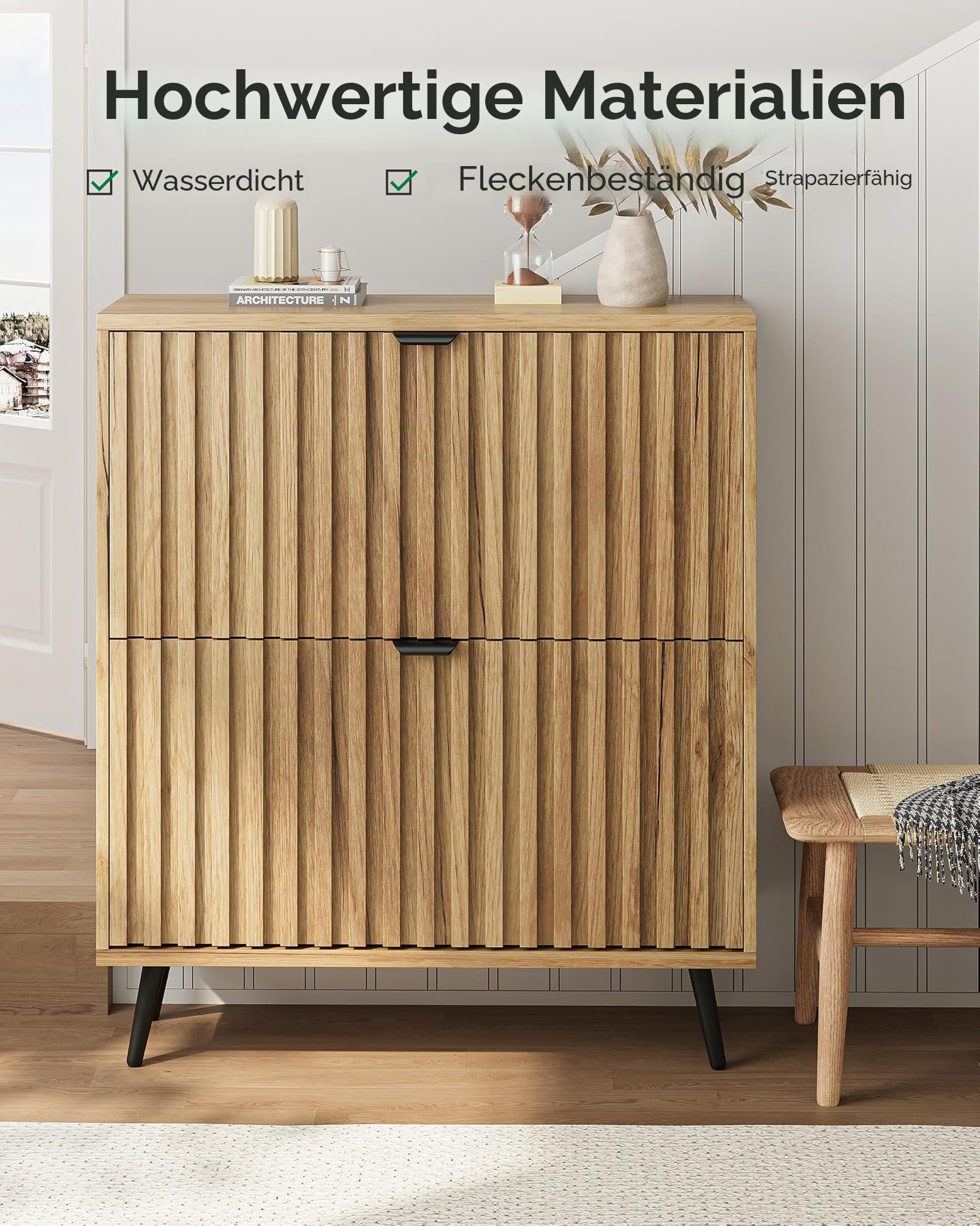 Schuhschrank, geriffelter Schuhschrank für den Eingangsbereich, versteckter Schuhschrank mit Metallbeinen, Schuh-Organizer mit Klapptüren, schmaler Eingangsbereich, Schuhaufbewahrungsschrank