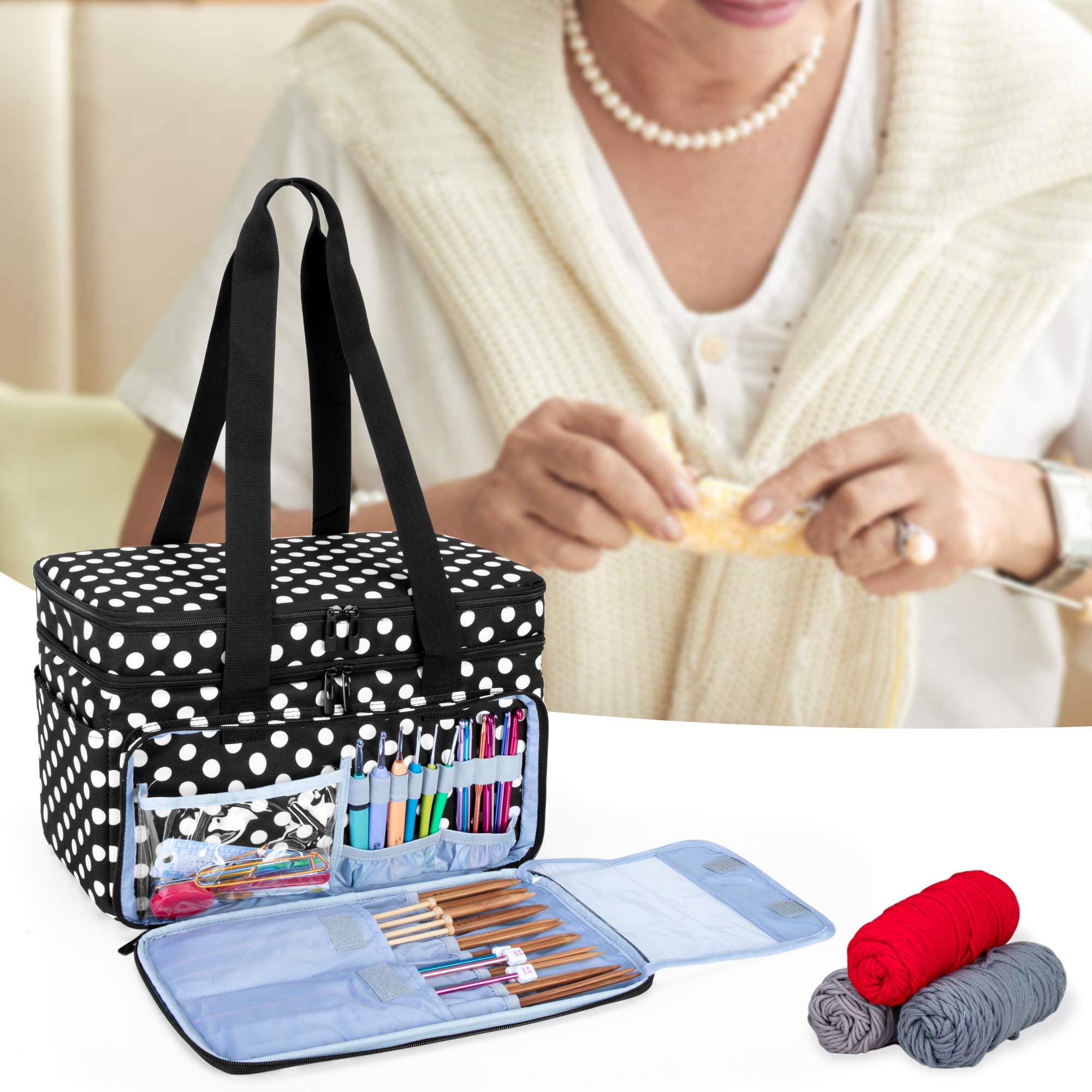 CURMIO Sac à Tricot Double Couche, Rangement pour Laine Crochets, Pois | Plusieurs Élastiques & Compartiments, 4 Œillets, Bandoulière, pour Aiguilles à Tricoter & Projets de Tricot, Sac Uniquement