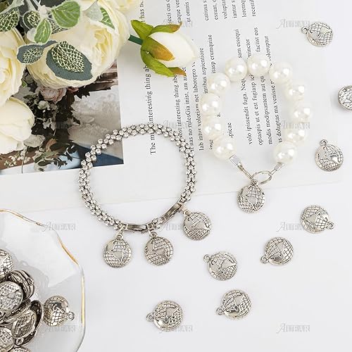 Miniatura 6 de AUEAR, Paquete de 100 dijes de globo de plata con forma de globo terráqueo de aleación Golbe para hacer joyas, pulseras, collares, suministros para