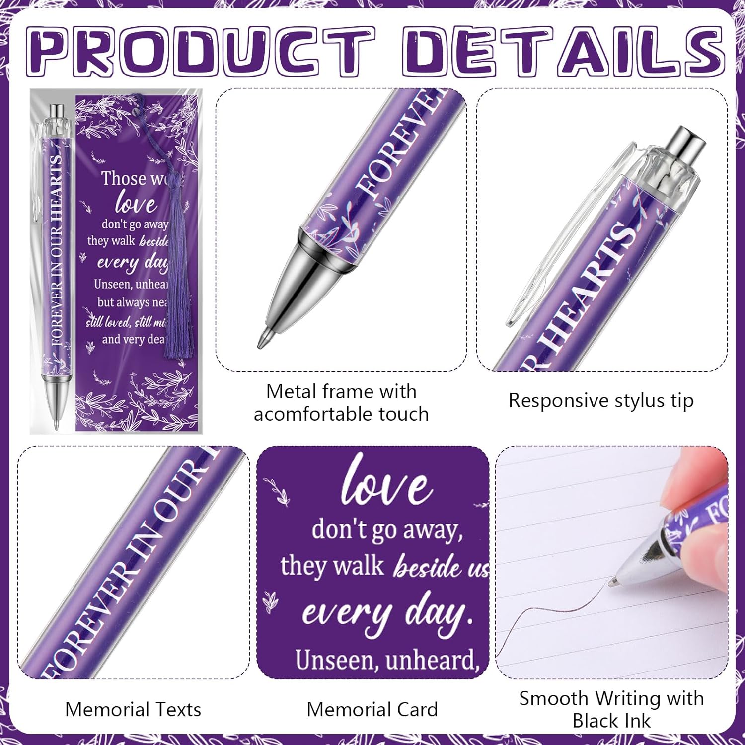 Sayglossy 60 Set Memorial Funeral Favors for Guests Funeral Favors for a Memorial Service Ballpoint Pens and Poem Prayer Bookmarks Celebration of Life Condolence Bereavement Gift(Purple White)