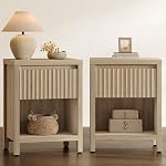 SICOTAS Ensemble de stands de nuit fluted 2, Table de chevet avec tiroir, Table de lit Boho avec étagère de rangement, Tables d'appoint de grand montant Tables de lit pour chambre à coucher, Chêne Caramel