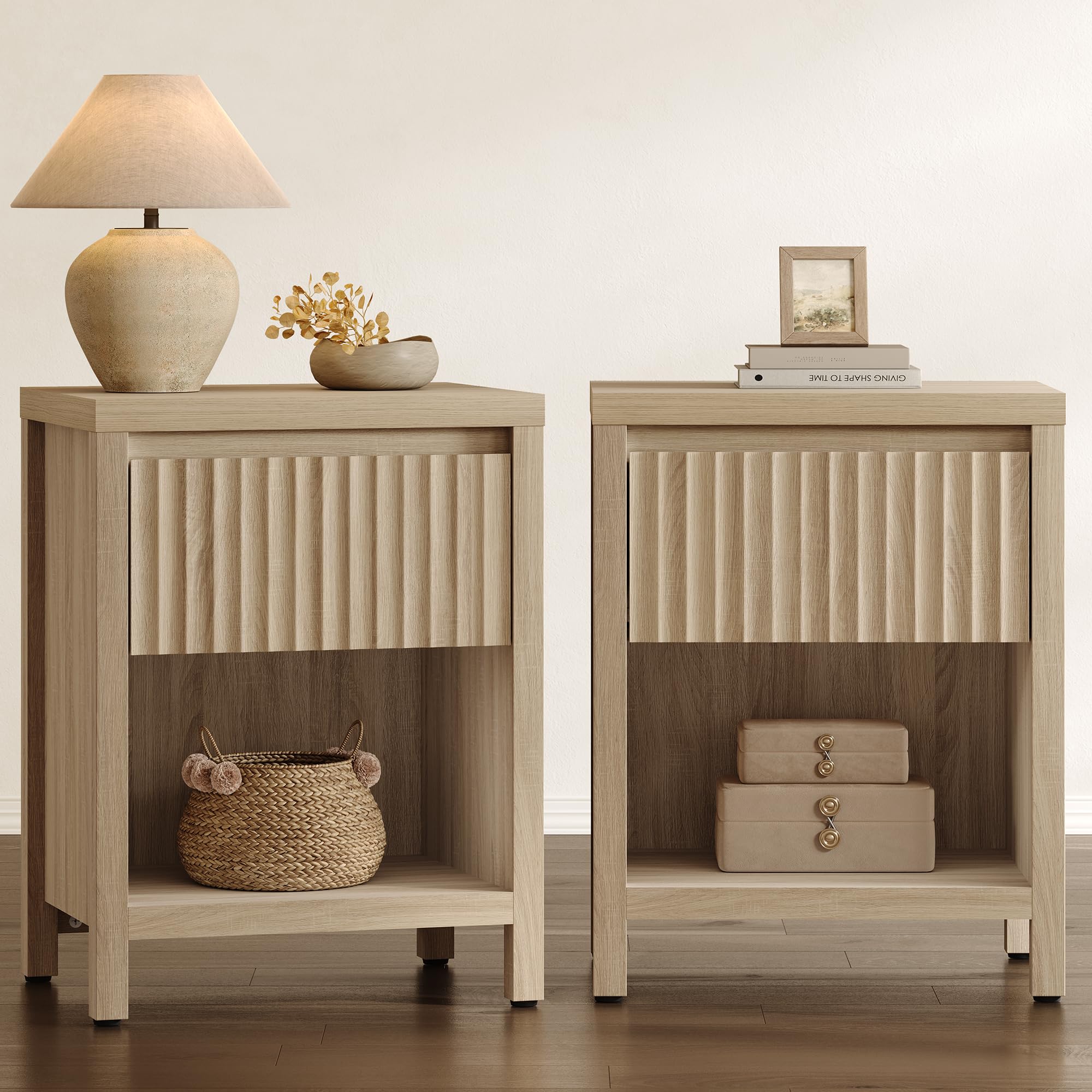 SICOTAS Fluted Night Stand Set of 2, Farmhouse Nightstands with Drawer, Boho Bedside Table with Storage Shelf, Large End Tables Bed Side Tables for