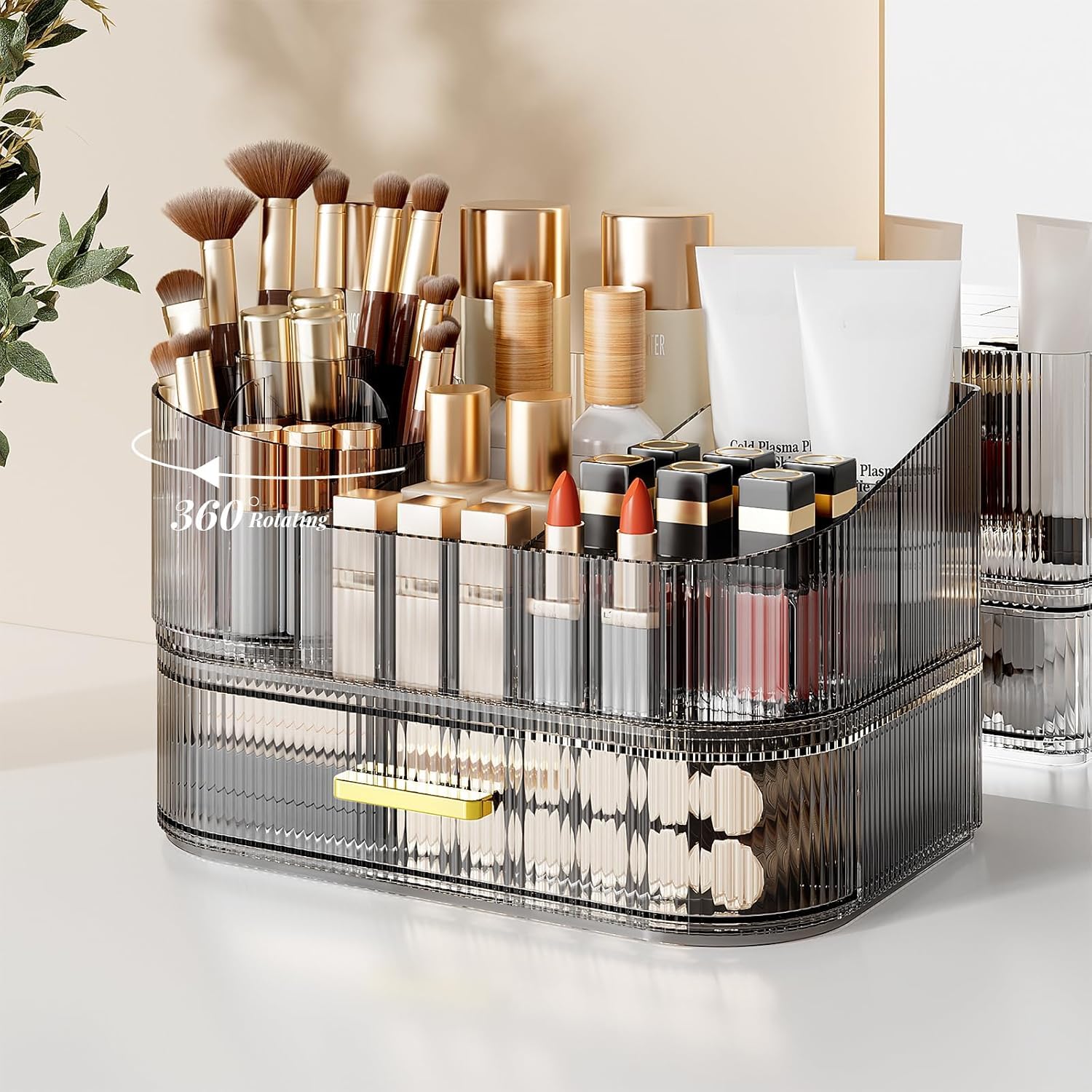 Organizer per trucchi per toeletta con cassetti impilabili, porta pennelli da trucco rotante a 360 gradi, grande espositore per cosmetici per comò, organizer per la cura della pelle da piano di