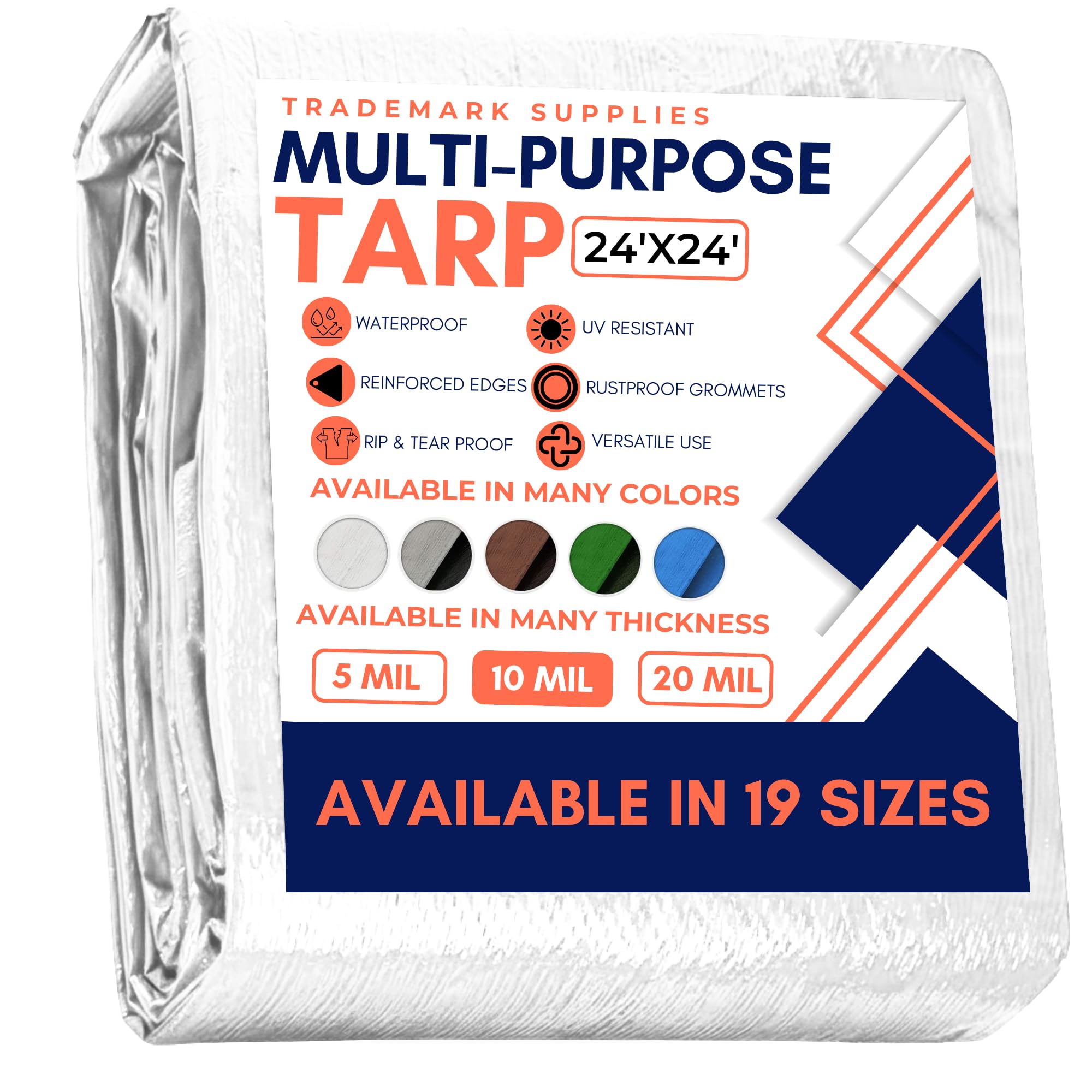 Large Waterproof Tarp - Heavy Duty 10 Mil Thick Poly Tarpaulin Ideal for Canopy Tents, Boats, RV or Pool Covers - Multipurpose Protective Tarps with Grommets for Indoor and Outdoor Use | 24' x 24'
