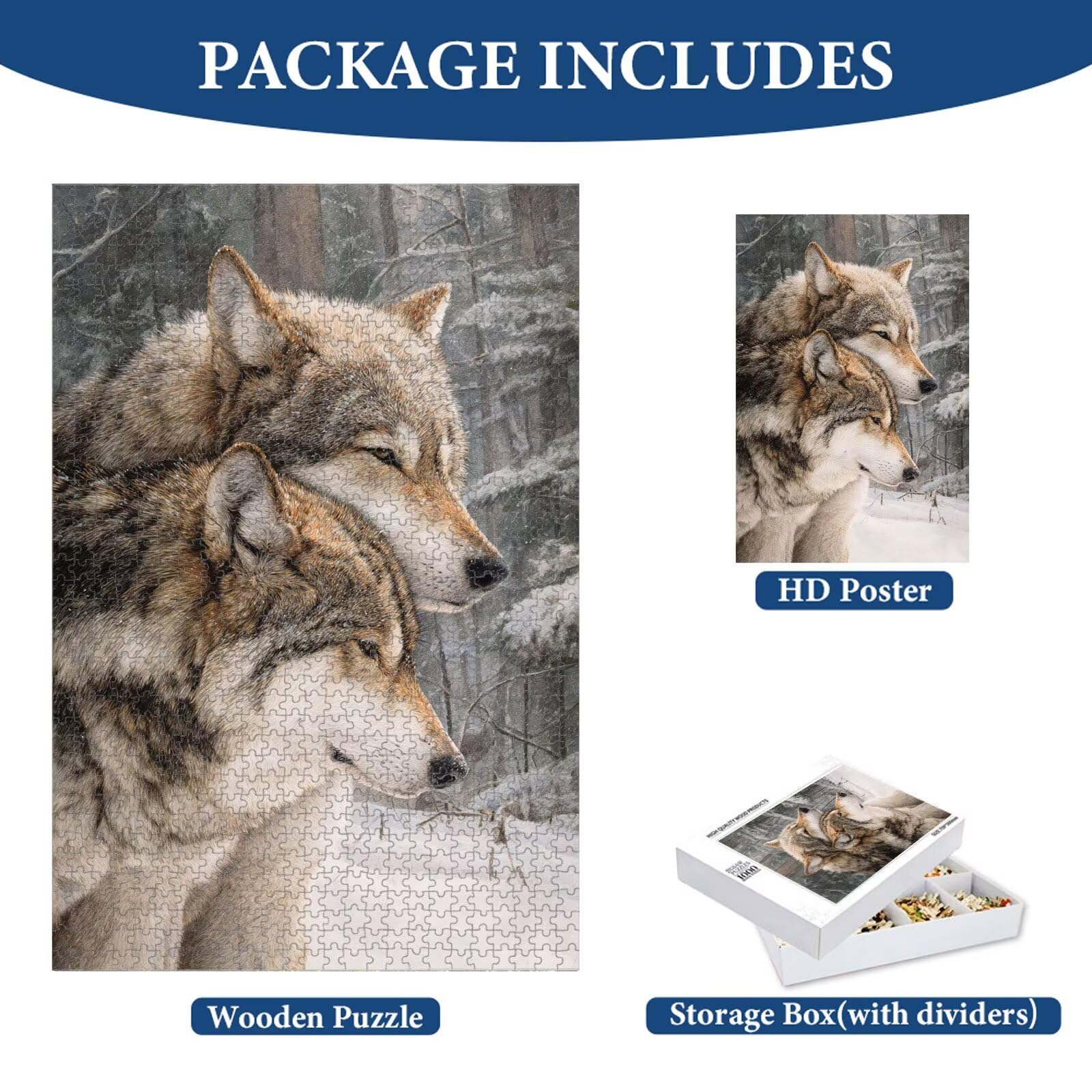 1000 Pièces Puzzle Adulte Loup & Hiver Puzzle en Bois Robuste 1T#1986 | Puzzle en Bois, Découpe de Précision, Encres aux Couleurs Vives, Loisir Relaxant, Décoration Intérieure, Cadeau, 50x75cm