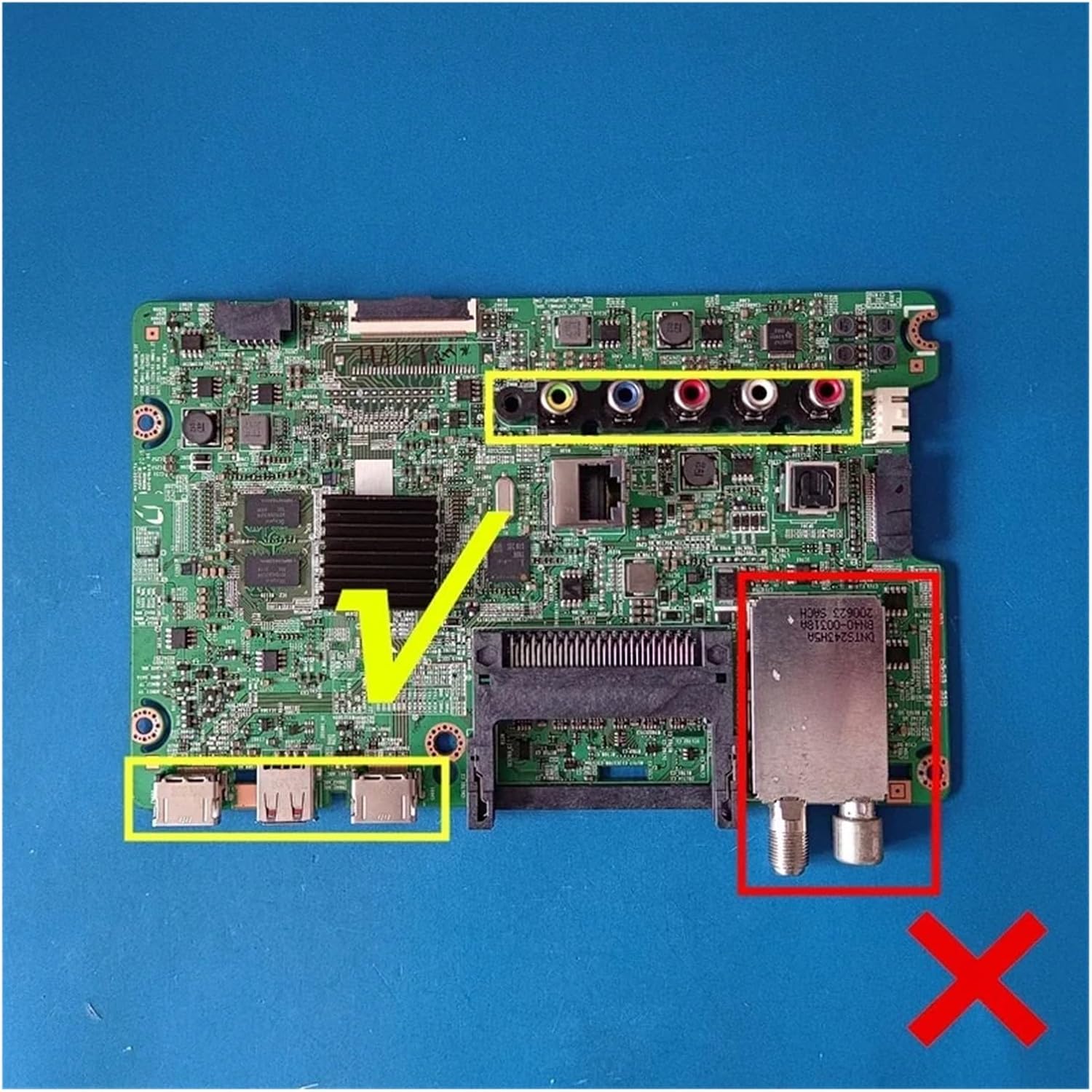 Wxvuqpkg TV Motherboard BN41-02482A with highlighted sections for USB ports, AV ports, and tuner module.