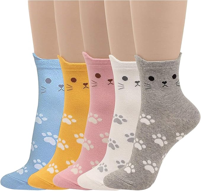 Amazon Hanmola 猫柄 かわいい 靴下 カラフル 動物 ソックス スポーツ 靴下 綿 レディース アウトドアソックス 4足 5足セット 靴下 通販