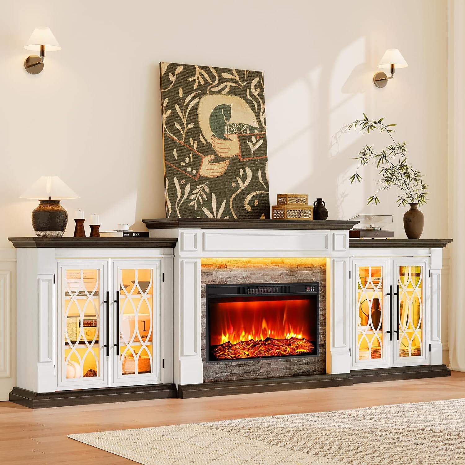 Chimenea Eléctrica Naice 104" con Soporte TV, Puertas de Vidrio y Calefactor