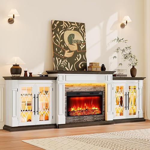 Naice 104" Fireplace TV Stand, Electric Fireplace Mantel with Large Cabinets Tempered Glass Doors, LED Light & Power Outlet, Media Entertainment Center with 30" Insert Heater for Living Room, Brown