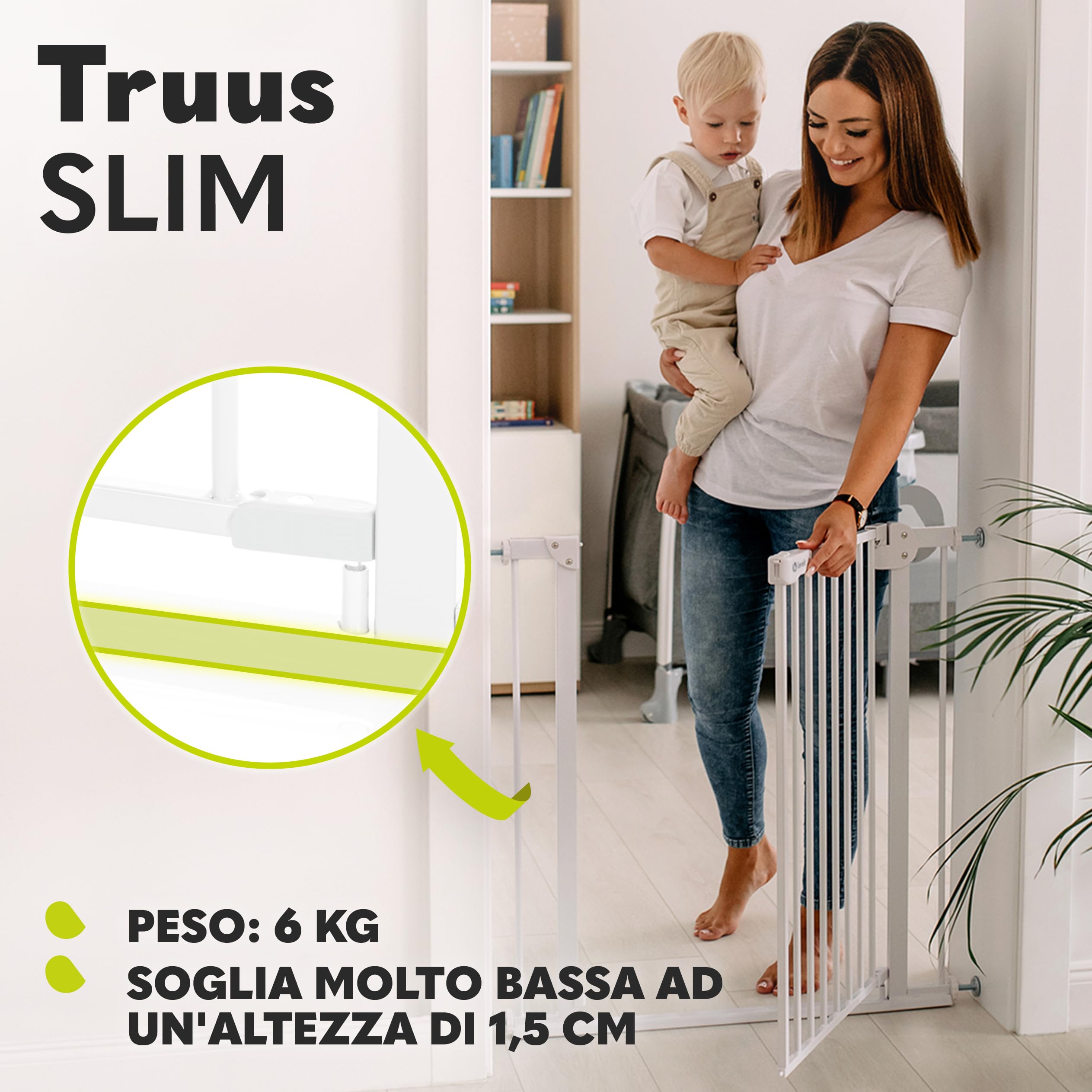 LIONELO Truus Slim Cancelletto di sicurezza, Larghezza regolabile da 75 fino a 105 cm con Fissaggio a pressione, Apertura entrambe le direzioni, Altezza 77 cm, Autobloccante