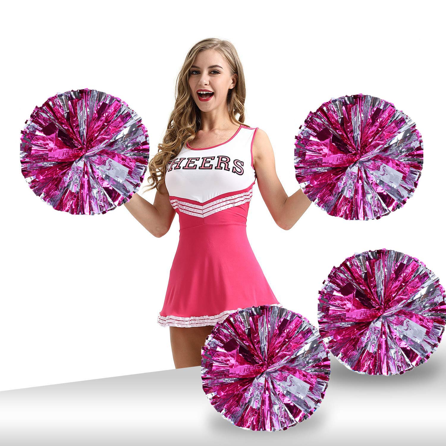Pack of 4 Cheerleading Pom Poms 12 inch 80g Foil Plastic Metallic Cheerleader Pom Poms for Cheer Sport Kids Adults Team Spirit Cheering