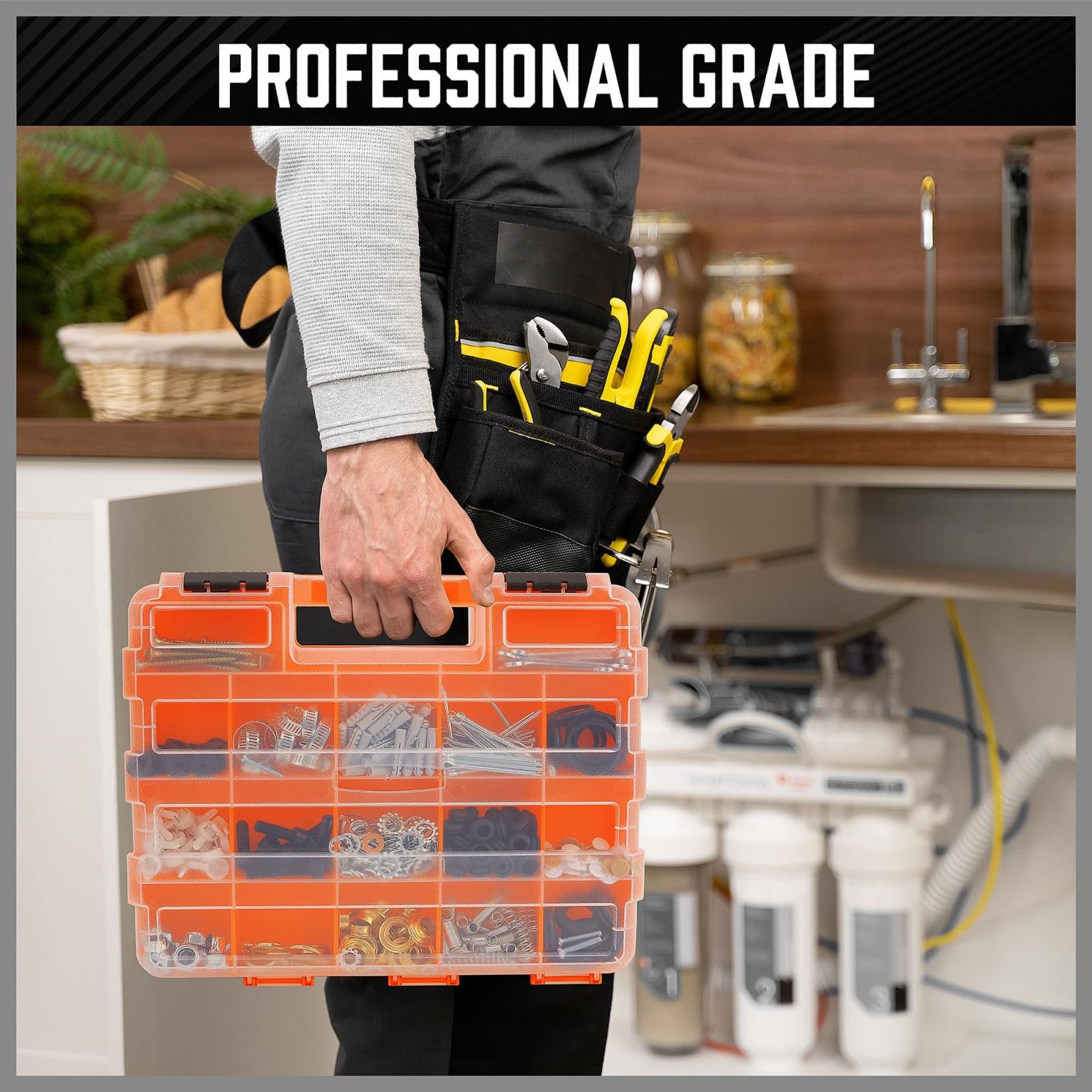 Scatola portaoggetti con 34 scomparti, trasparente, con coperchio sicuro, impilabile, ideale per garage, officina, casa, ferramenta, elettronica, chiodi