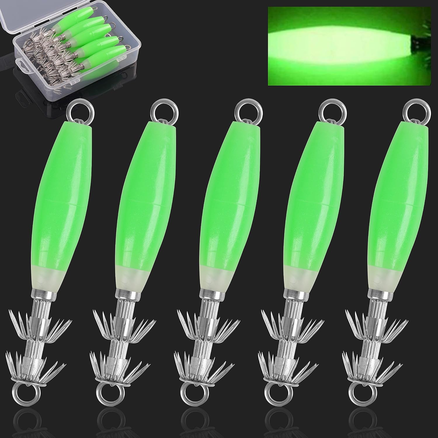 Luminous Squid Jig Hooks Saltwater Glow Squid Jigs Fluoresent Cuttlefish Sleeve Fishing Jigs Squid Hard Night Fishing Bait Octopus Lure Glow in Dark Green Color