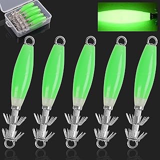 Luminous Squid Jig Hooks Saltwater Glow Squid Jigs Fluoresent Cuttlefish Sleeve Fishing Jigs Squid Hard Night Fishing Bait Octopus Lure Glow in Dark Green Color