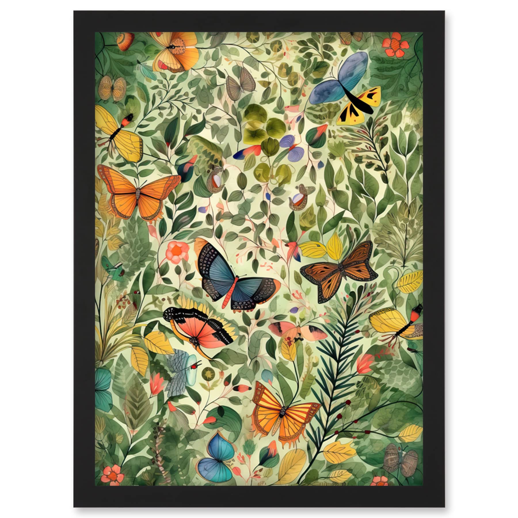 Butterflies Flying in Spring Field Framed Wall Art Print A4 - Modern Folk Art - Artery8