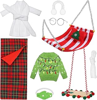 Aoriher 9 Pcs Christmas Elf Doll Accessories Set Includes Sleeping Bag Bathrobe Mask Ear Muffs Scarf Glasses Hammock Sweater(Cute)