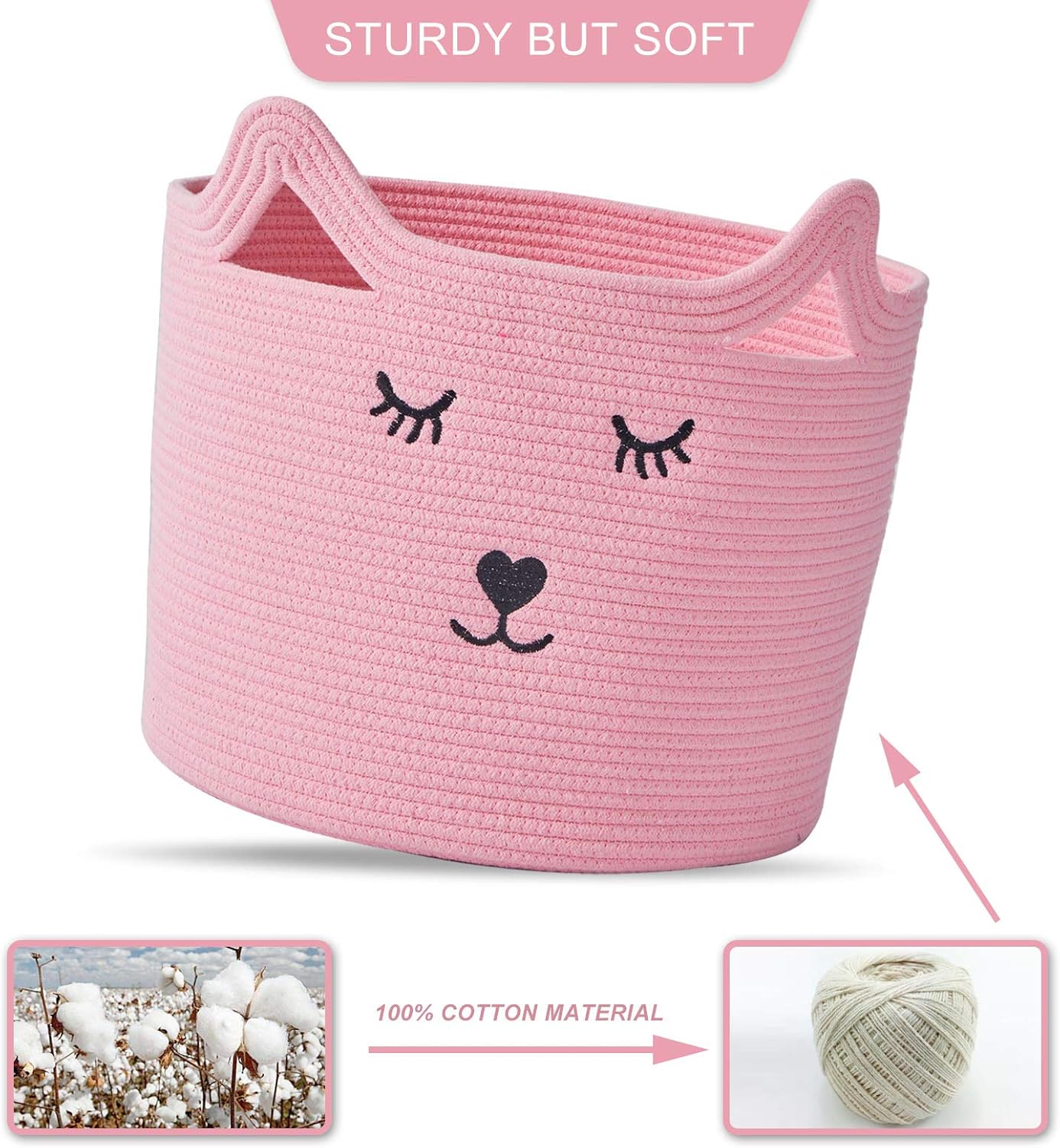 Baby Nursery Organizer for Toys, Baby Clothes Hamper with Handles, Toy Storage Bin for Nursery, Cute Nursery Storage Basket with Cute Cat Design, Pink Cotton Rope Basket, 11.8 ”(D) x 11.4 ”(H)