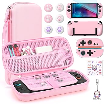 innoAura Switch 2 Case 14-in-1 Bundle for NS Switch 2 2025, Switch 2 Carry Case with Carrying Case, Protective Cover, Thumb Grips, Screen Protector, Cute Pendant and Sticker, Pink
