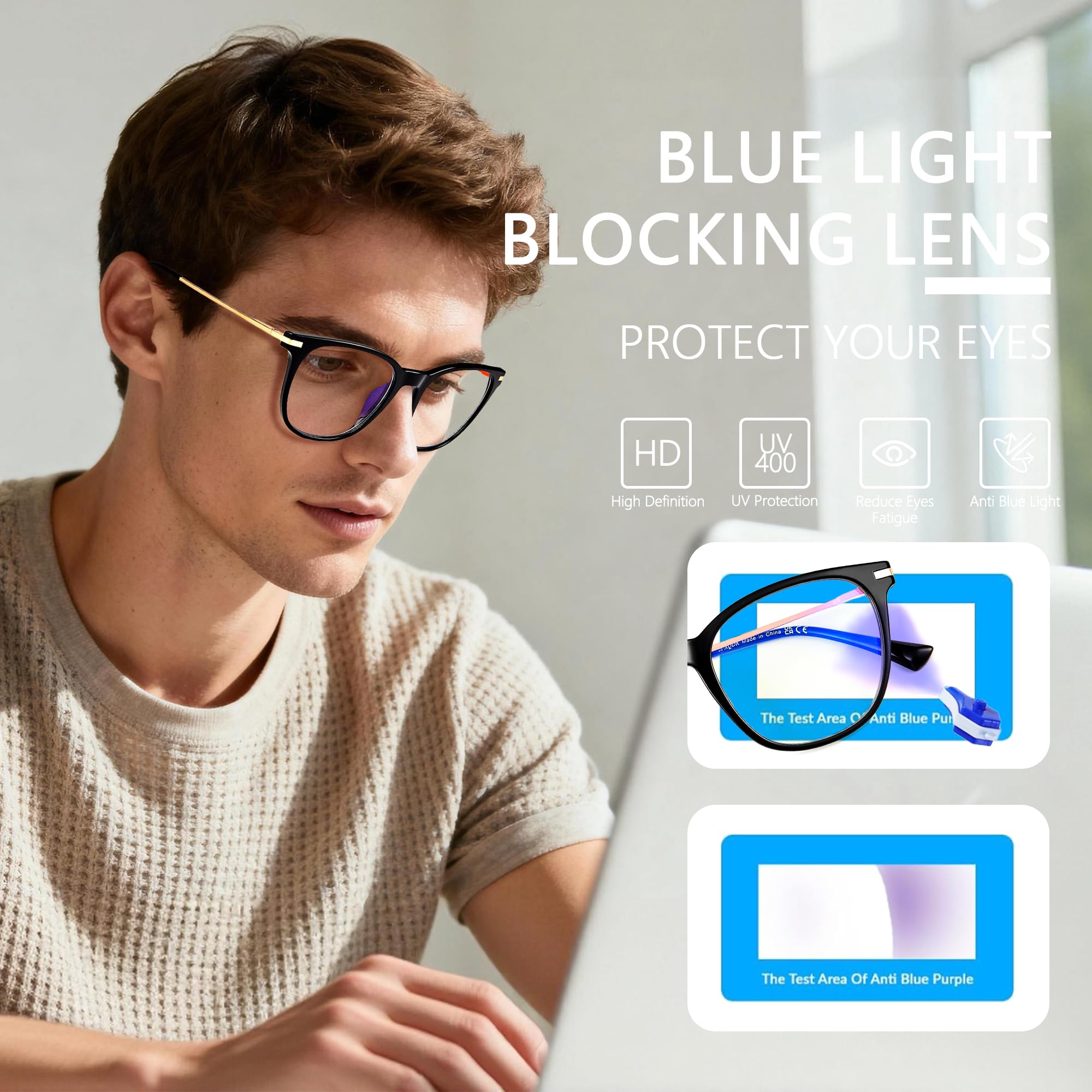 Blaulichtblockierende Brille für Damen und Herren, quadratischer Rahmen, Metallbügel, Anti-Überanstrengung und UV-Blendung, JF6231