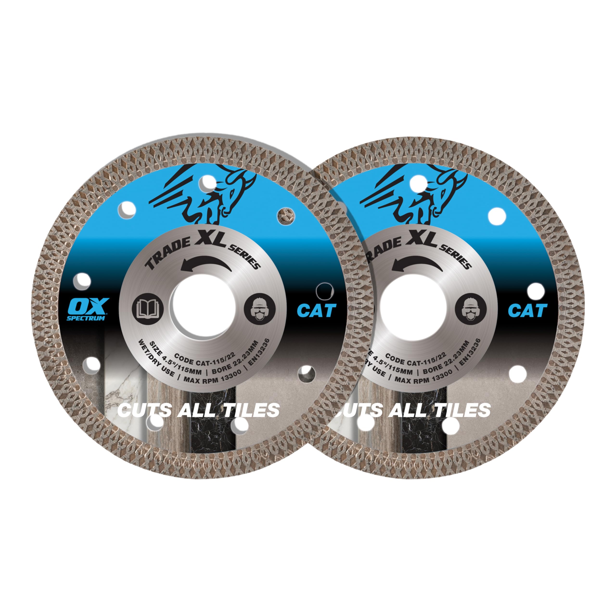 OX Trade XL Cuts All Tiles Diamond Blade Twin Pack – 115mm Dia x 22mm Bore, Ultra-Thin 1.3mm Segment Long Life Blade for Ceramic & Medium-Hard Natural Stone, Chip Free Cutting, Wet & Dry Cut
