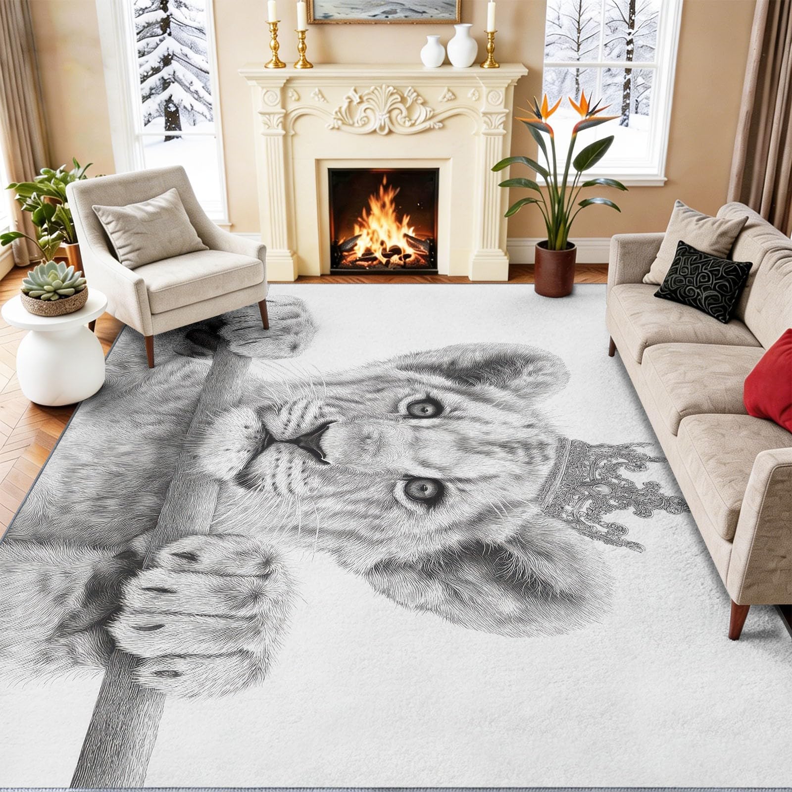 Lew zwierzę szara korona dywan do salonu 120 x 170 cm, biały dywan z nadrukiem, można prać w pralce, antypoślizgowy z krótkim włosiem do sypialni i salonu, nowoczesny design