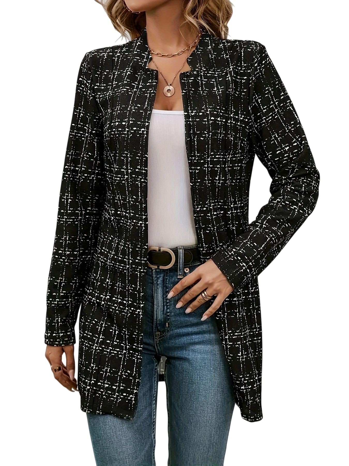 Damen Blazer Damen Tweed Blazer mit Karomuster Offener Stehkragen Eleganter Schmal Geschnittener in Mittlerer Länge für Büro und Freizeit Herbst/Winter