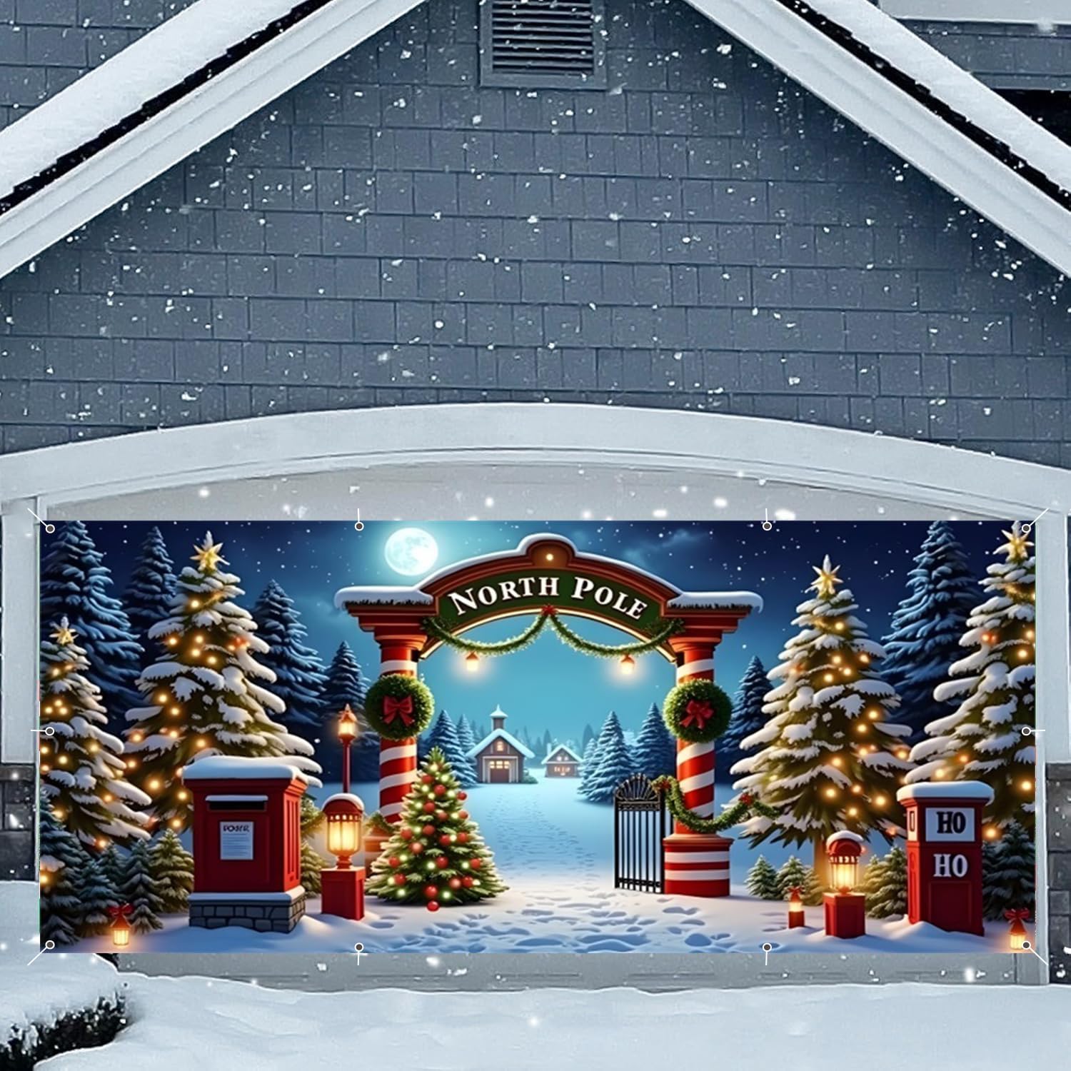Christmas Garage Door Cover Decorations Banner Backdrop,Large Hanging Winter Xmas 2 Car Garage Door Cover,North Pole Night Snowy Tree Starry Sky Christmas Backdrop,Outdoor Holiday Decorations 7x16ft