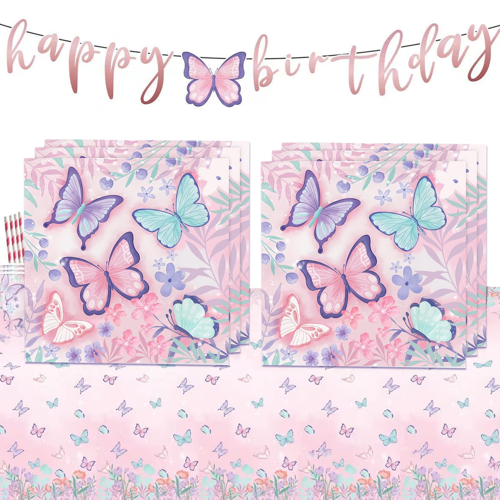 Lot de 40 Serviettes Imprimées Florales et Papillons - Décorations de Table Carrées et Douces - Serviettes Colorées