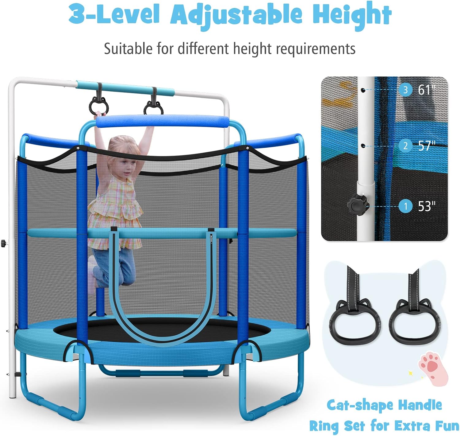 GYMAX 5FT Trampoline for Kids, ASTM Approved Toddler Trampoline with Adjustable Horizontal Bar, Enclosure Safety Net & Kitten Trapeze Rings, Mini Indoor/Outdoor Kids Trampoline