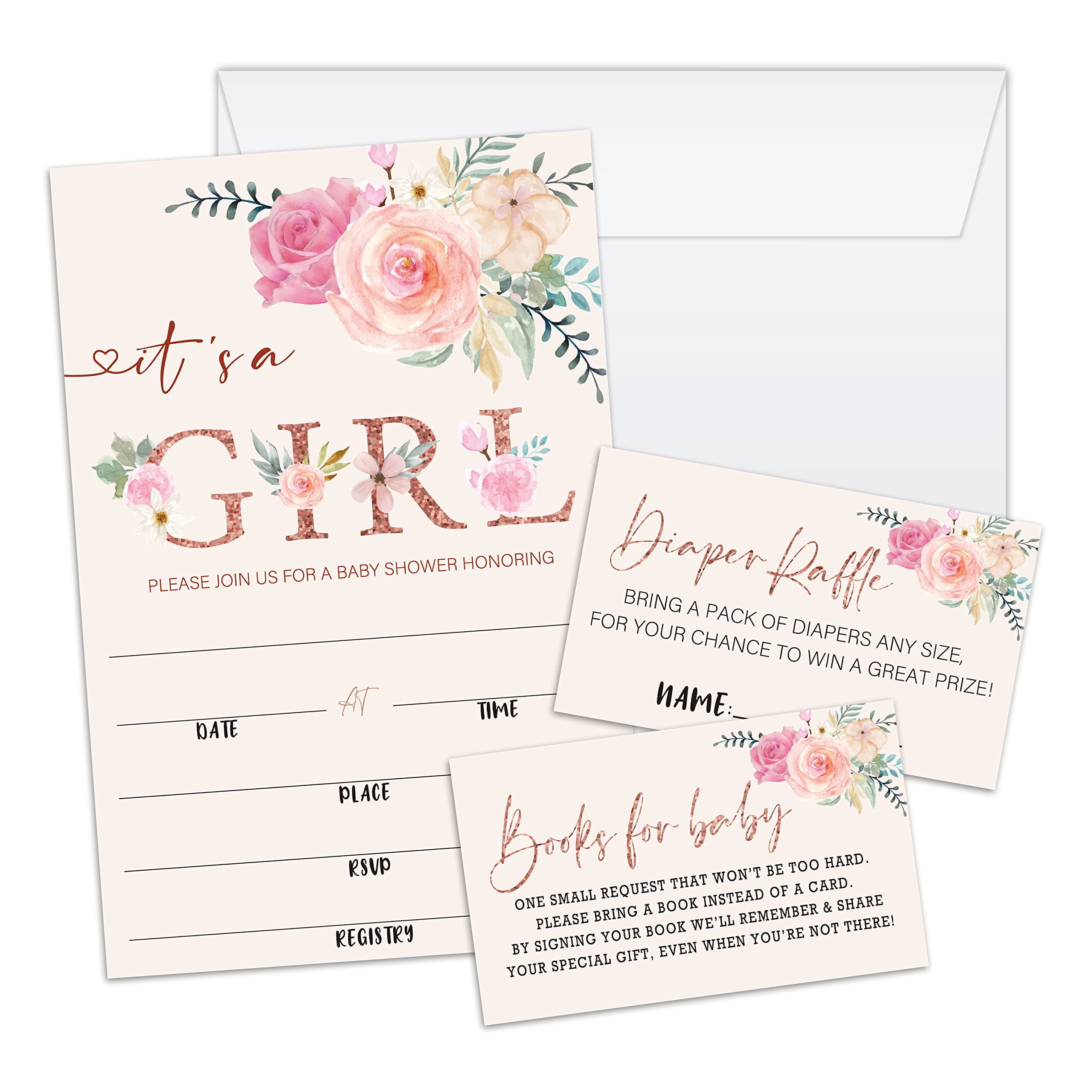 Blush Pink Floral Baby Shower Invitation Cards With Envelopes, Diaper Raffle Tickets, Baby for Book 100 piece set, Gender Reveal Party for Baby Boys & Girls, Gender Neutral Party Supplies/tz-a011